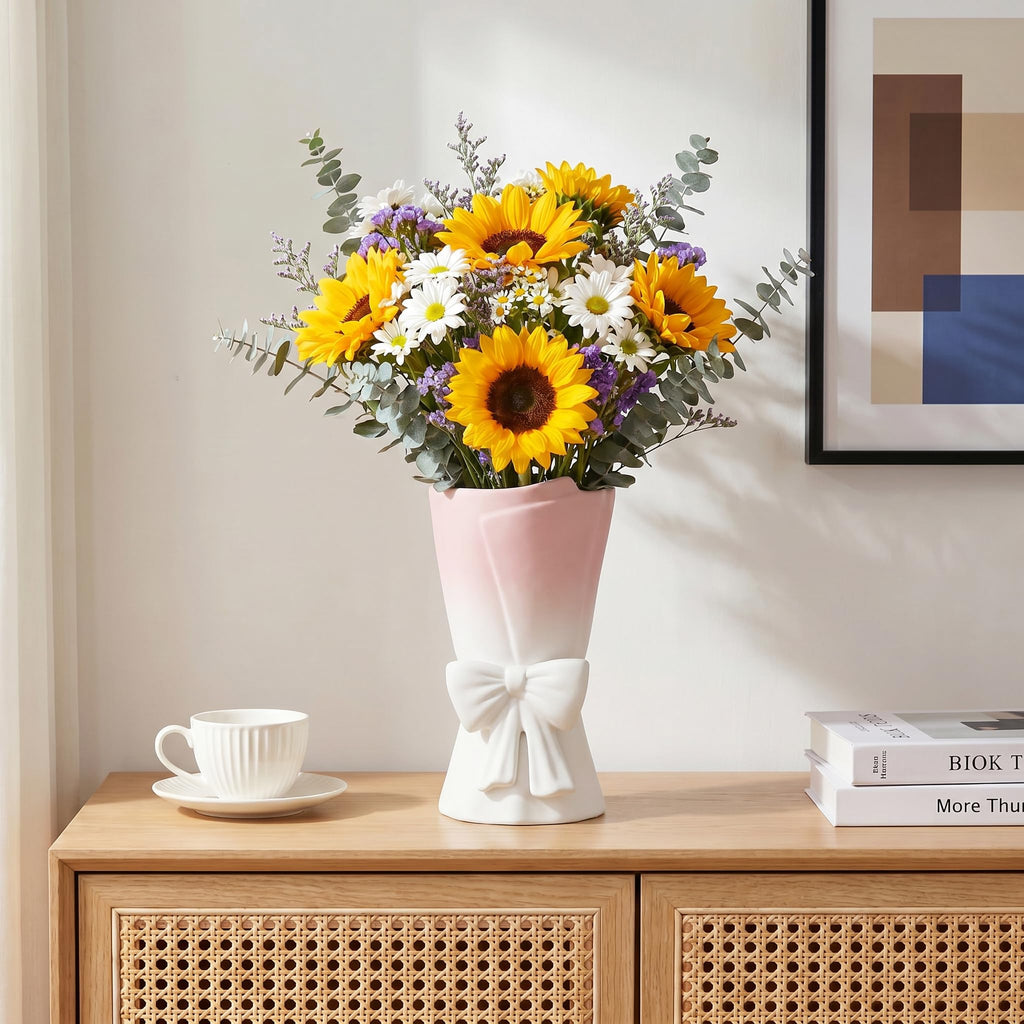 Relexome Beige Ceramic Bow Vase 9.64 in Unique Cute Modern Decorative Bouquet Flower Vases for Home Living Room Table Decor Women Girl Gifts