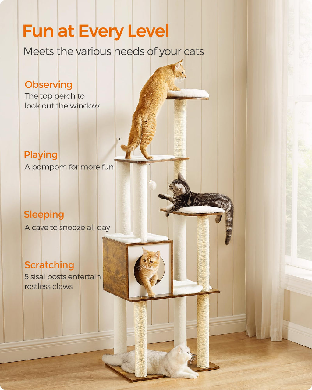 Feandrea Cat Tree, 65-Inch Modern Cat Tower for Indoor Cats, Multi-Level Cat Condo with 5 Scratching Posts, Perch, Washable Removable Cushions, Cat Furniture, Cloud White UPCT166W01