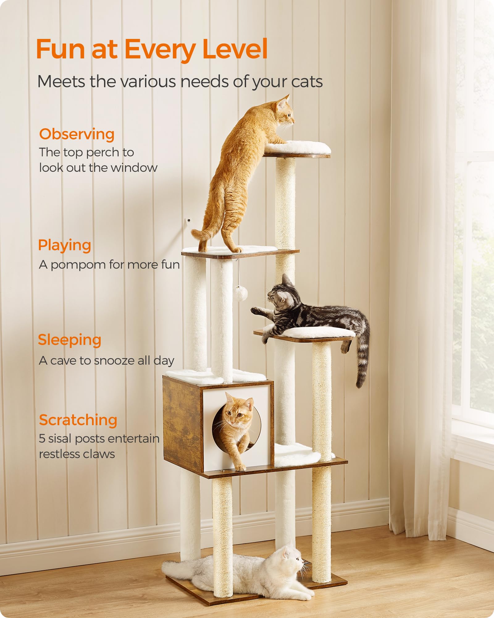 Feandrea Cat Tree, 65-Inch Modern Cat Tower for Indoor Cats, Multi-Level Cat Condo with 5 Scratching Posts, Perch, Washable Removable Cushions, Cat Furniture, Cloud White UPCT166W01