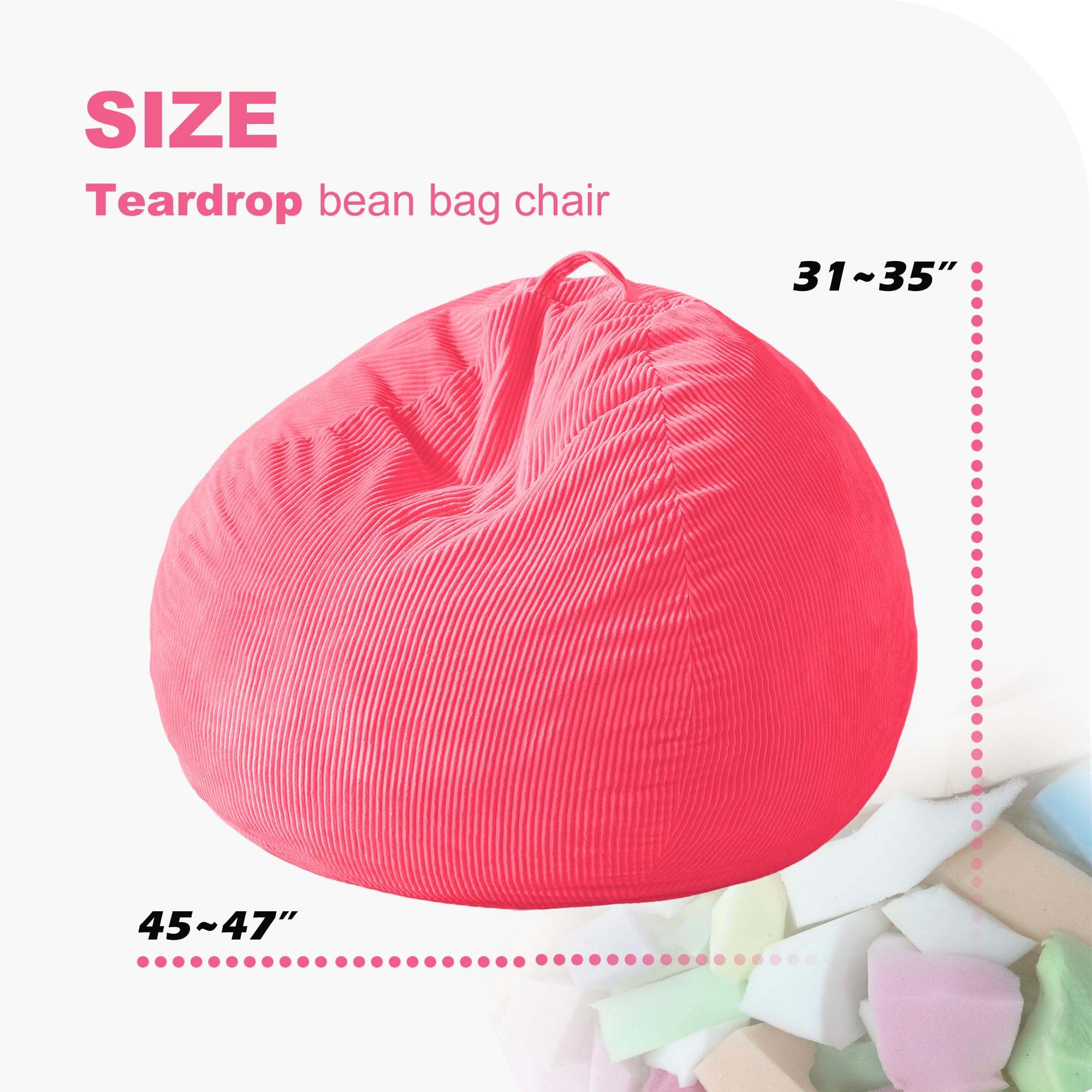 Homguava Bean Bag Chair,Teardrop Bean Bags Small Beanbag Chair with Memory Foam Filled and Ultra Soft Corduroy Cover for Living Room, Bedroom (Black 2FT)