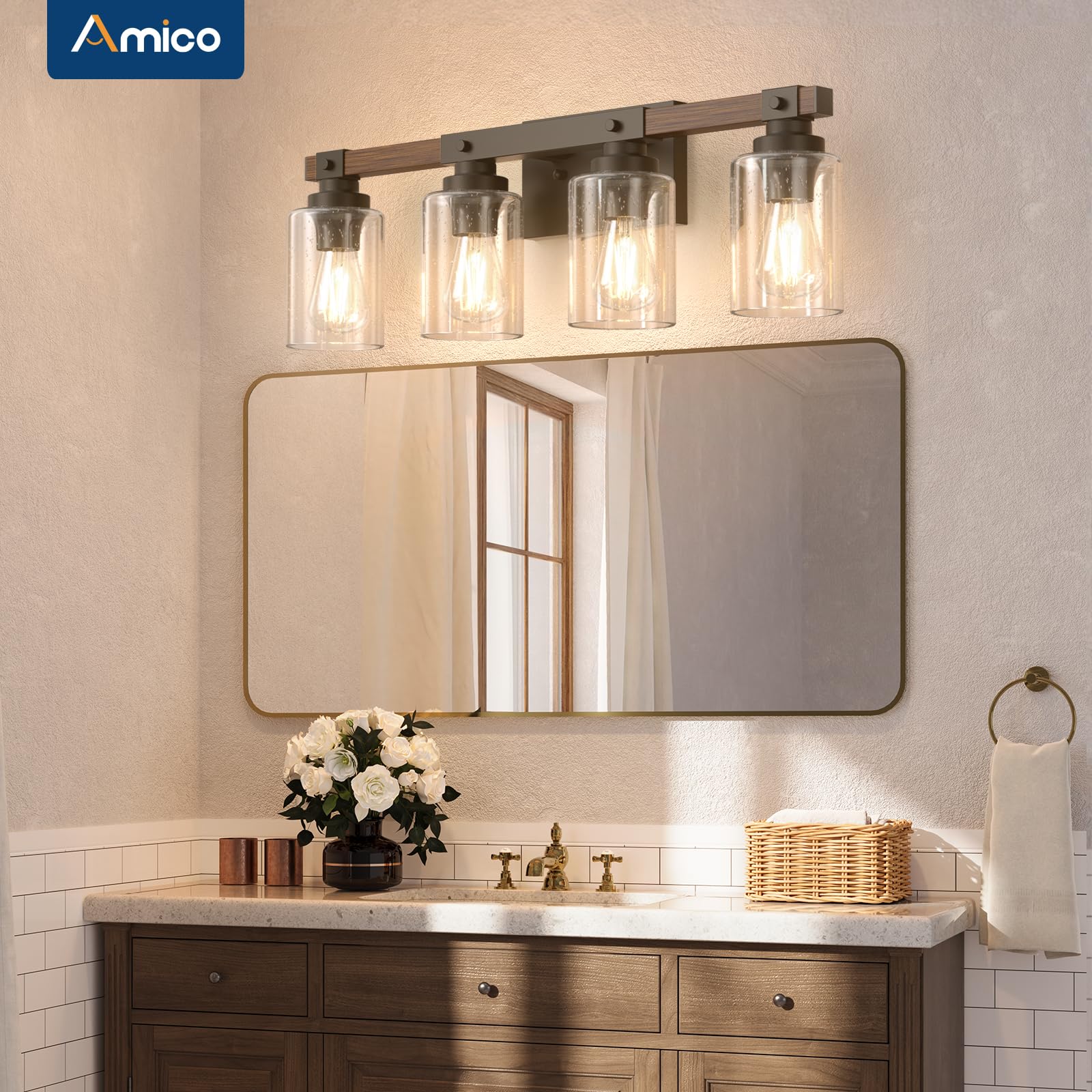 Amico 3-Light Farmhouse Vanity Light Fixture, Rustic Wood Bathroom Light Fixtures, Industrial Vintage Black Wall Sconces Lights with Bubble Glass Shade for Mirror, Bedroom, Living Room, Hallway