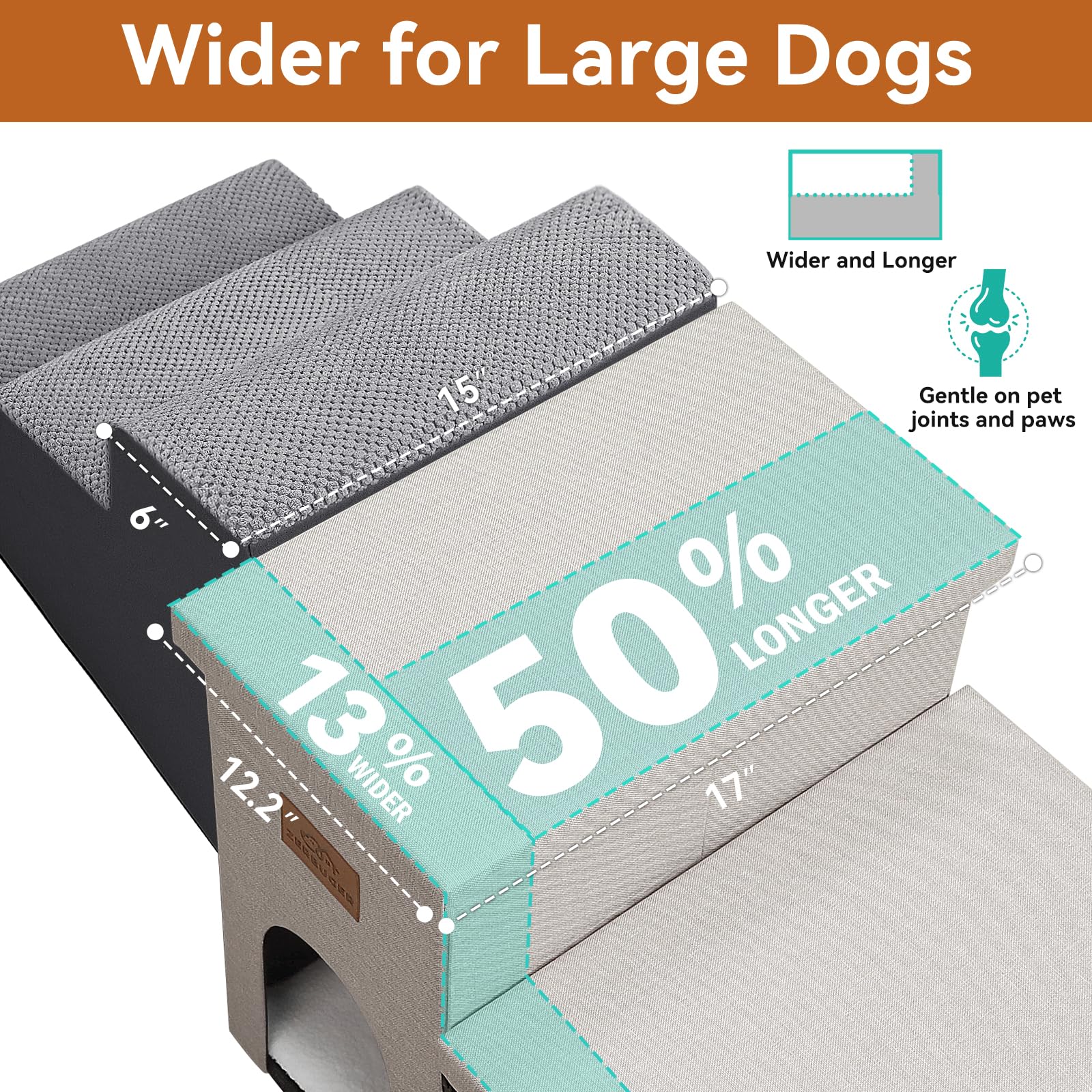 Zerbuger Dog Stairs with Condo 15" H, 2-Step Wider Dog Steps for Small/Medium/Large Old Dogs Cats, Folding Sturdy Storage Pet Stairs Climbing Bed Couch, Ramp for Car Hold Up to 150 lbs, Beige