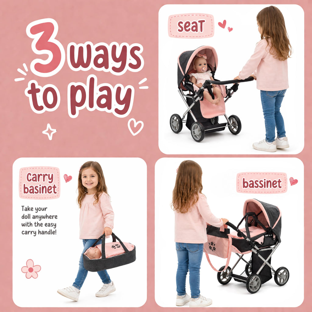 Baby Doll Convertible Pram Stroller with Removable Travel Bassinet Carrier for Kids Adjustable Handle Buggy Carriage with Canopy and Storage Basket 25 Inch Pink, Black