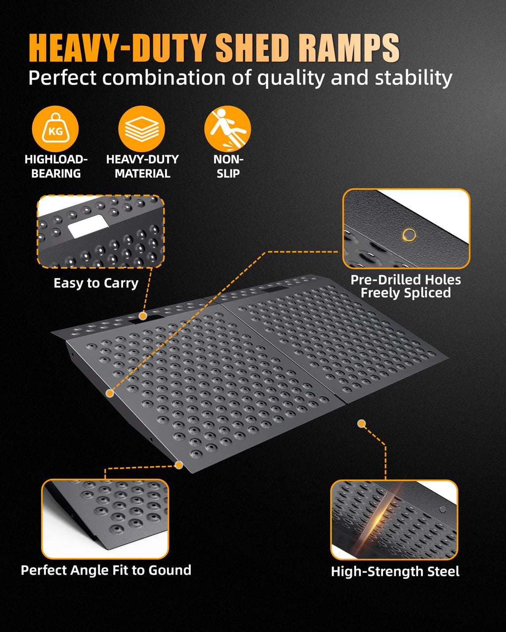 VNN 29" x 24" Shed Ramp for Riding Mower - 750 LB Capacity Shed Ramps, Anti-Slip Punch Plate Ramp for ATV, Motorcycles, Garages & Barns (1PC,Black, Alloy)