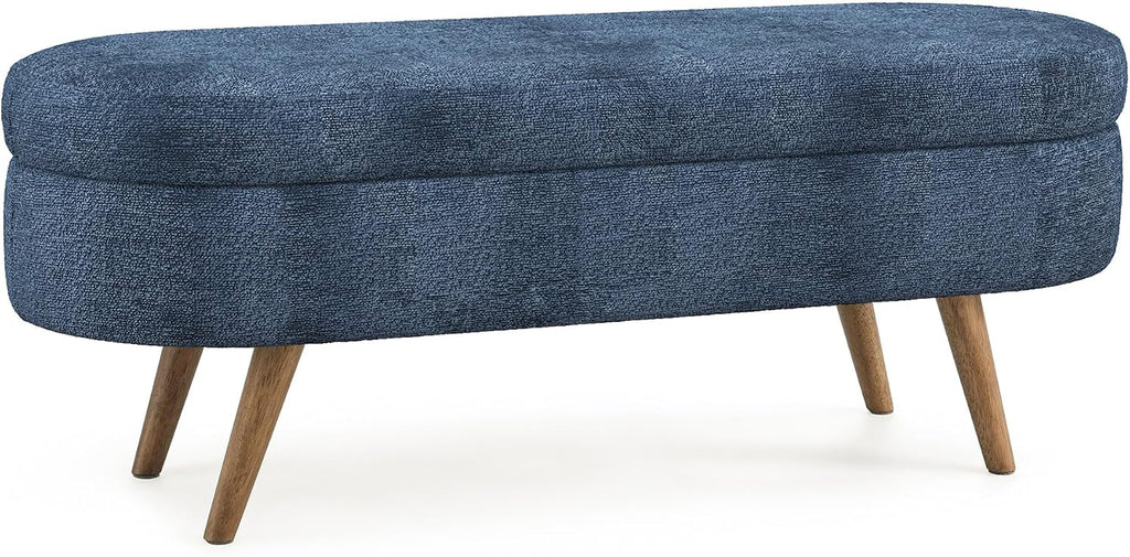 ECLYL Oval Storage Bench 43.5" Linen Fabric Upholstered Entryway Bench with Solid Wood Legs Ottoman Bench Indoor Bench for Living Room/Bedroom/End of Bed/Entryway (Blue)