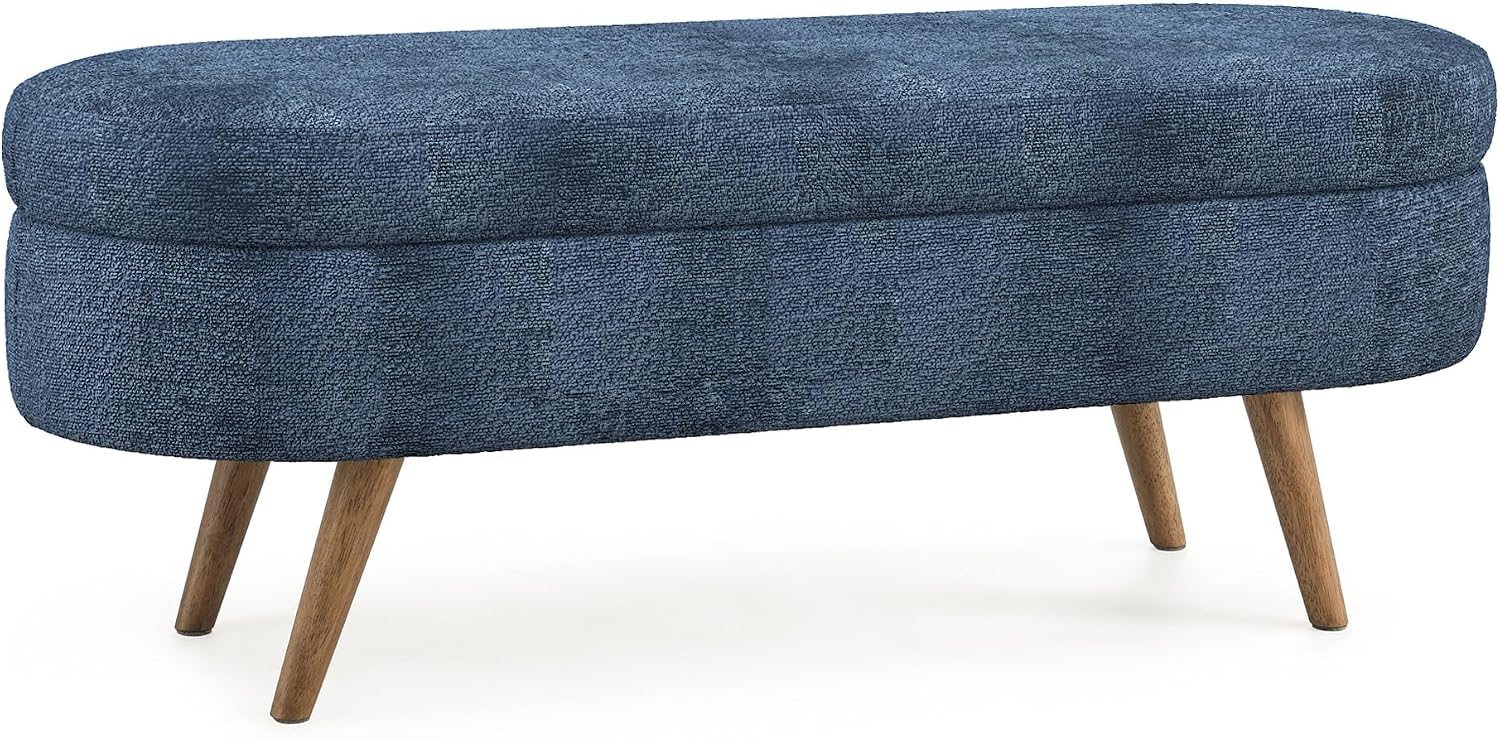 ECLYL Oval Storage Bench 43.5" Linen Fabric Upholstered Entryway Bench with Solid Wood Legs Ottoman Bench Indoor Bench for Living Room/Bedroom/End of Bed/Entryway (Blue)