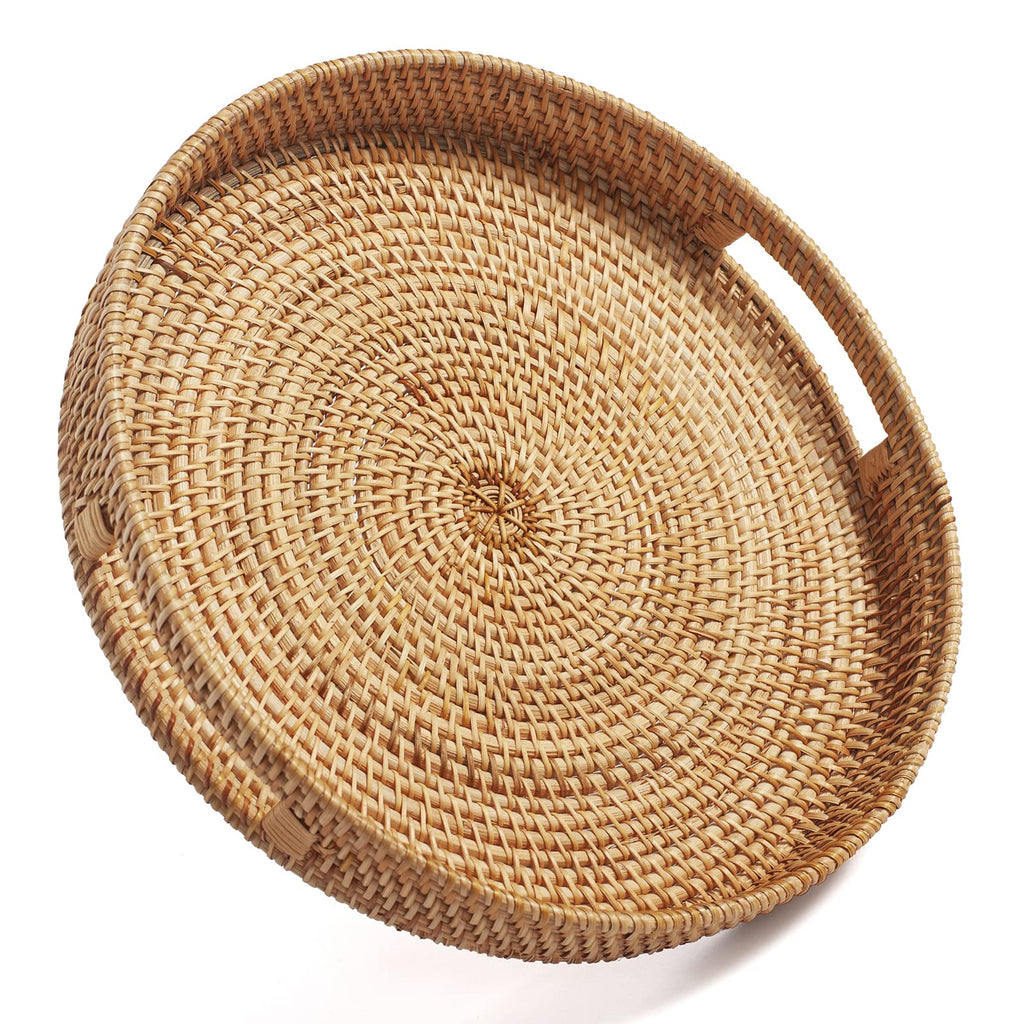 Round Rattan Serving Tray Decorative Woven Ottoman Trays with Handles for Coffee Table Natural (Small 11.8 inch x 2 inch)