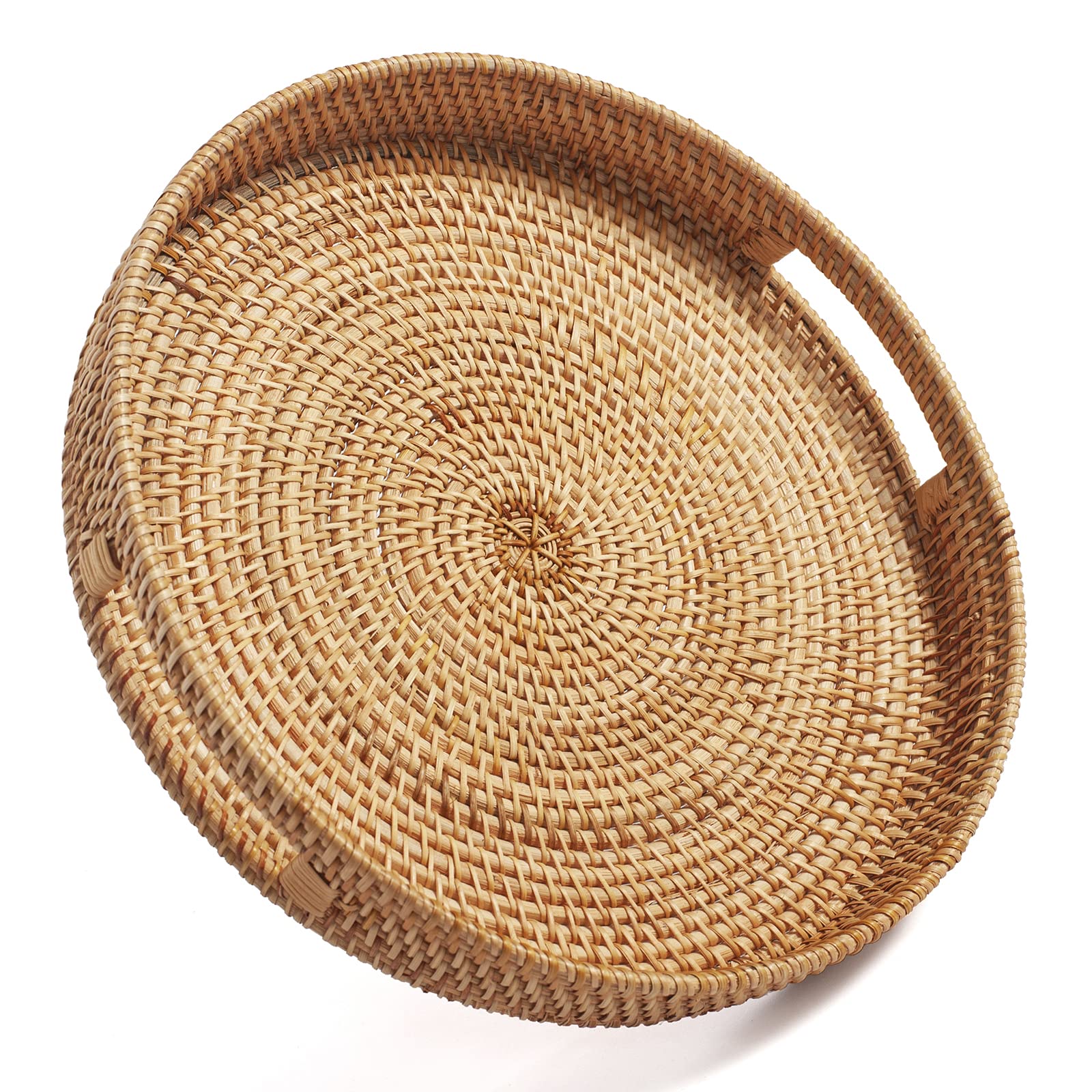 Round Rattan Serving Tray Decorative Woven Ottoman Trays with Handles for Coffee Table Natural (Small 11.8 inch x 2 inch)