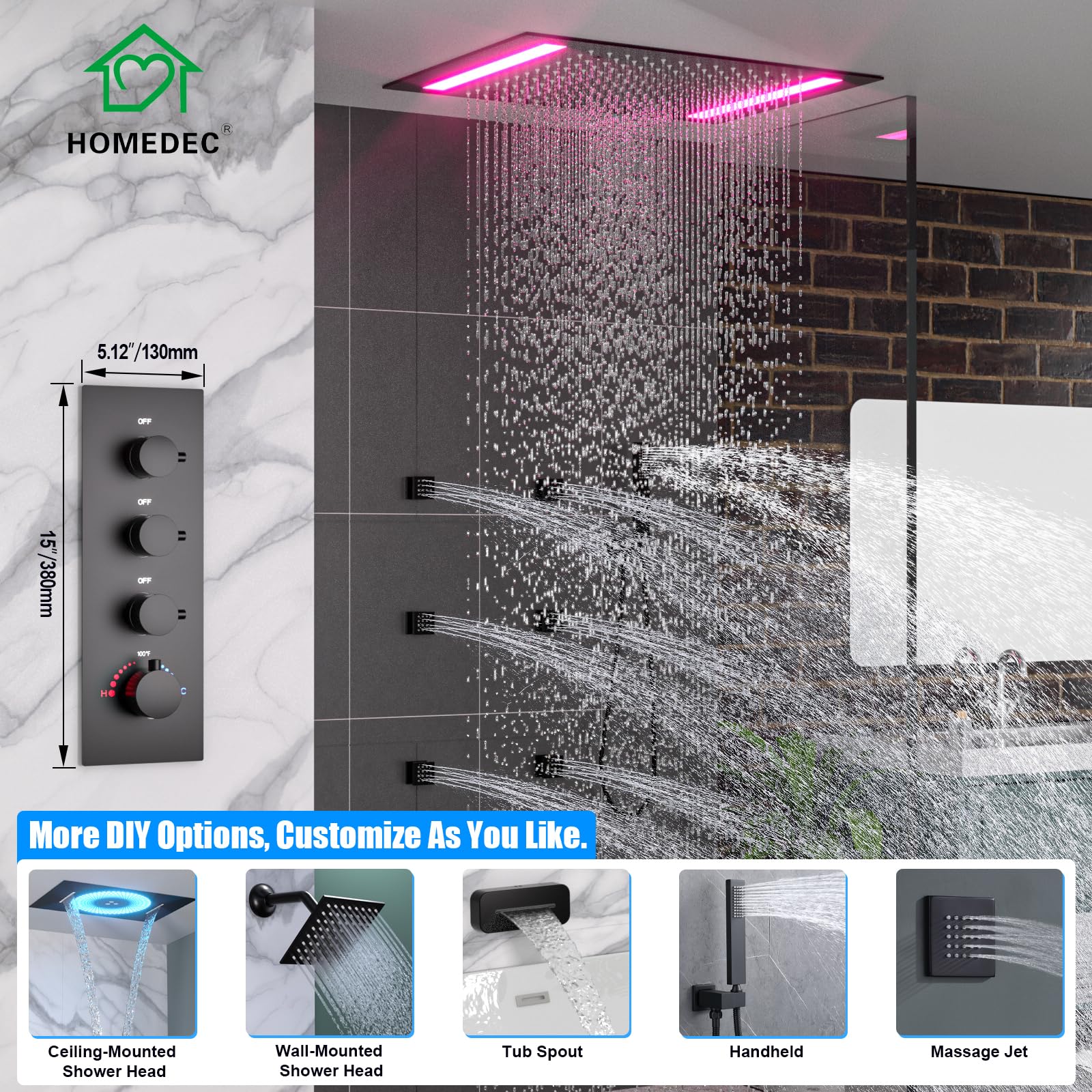 HOMEDEC 2 Way Shower Diverter Valve Brass Dual Functions Thermostatic Shower Mixing Valve Kit 3 Handle Flow Control Valve, 3/4 Inch Inlet, Can Use All Options At a Time, Matte Black