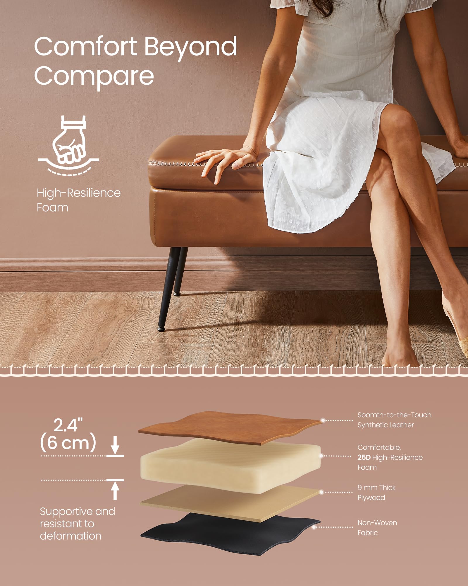 VASAGLE EKHO Collection - Storage Ottoman Bench, Entryway Bedroom Bench, 15 Gallons, Synthetic Leather with Stitching, Mid-Century Modern, Safety Hinges, Loads 660 lb, Caramel Brown ULOM074K01