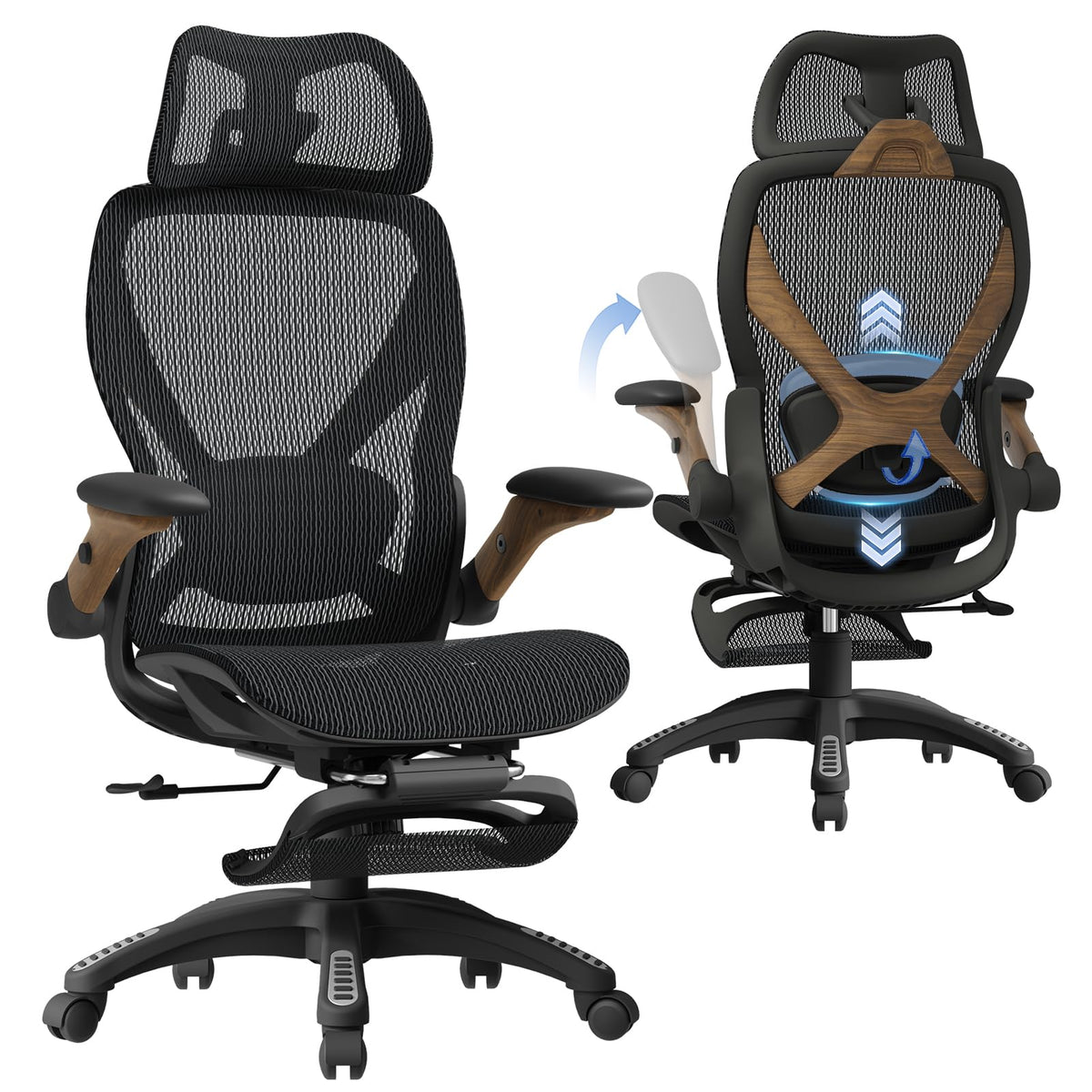 ELABEST X100 Ergonomic Office Chair with Footrest, Big and Tall Home Desk Chair with 5D Flip-Up Arms, Adjustable 3D Lumbar Support,High Back Rolling Computer Chair, Swivel Mesh Chairs (Coffee Break)