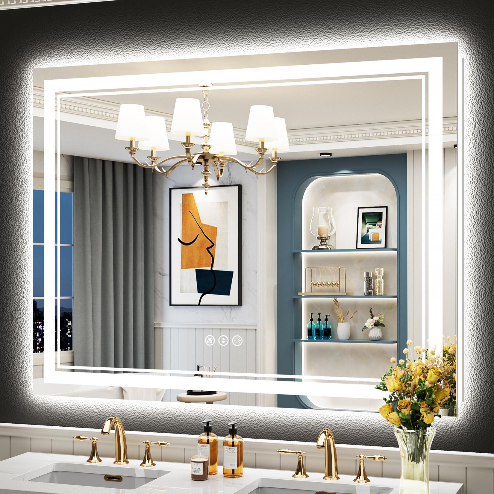 24x32 Black Framed LED Bathroom Mirror with Lights, Backlit and Front Lit Anti-Fog Lighted Vanity Mirrors for Bathroom Wall, Dimmable, 3 Colors, Memory, HD Tempered Glass, Horizontal/Vertical