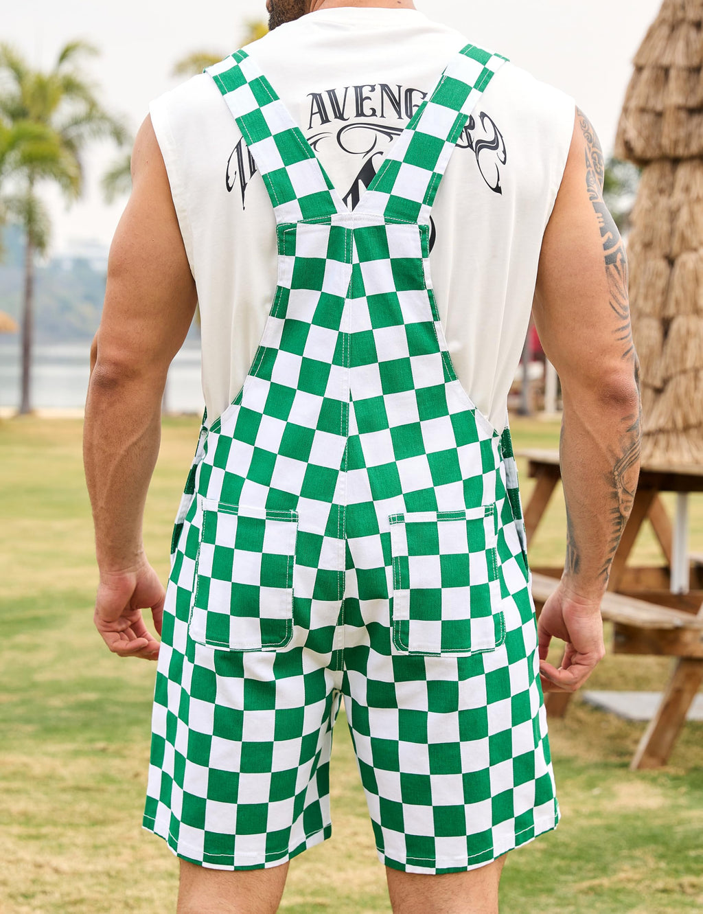 Odefou Checkered Bib Overalls for Men Jumpsuit Shorts Work Coveralls