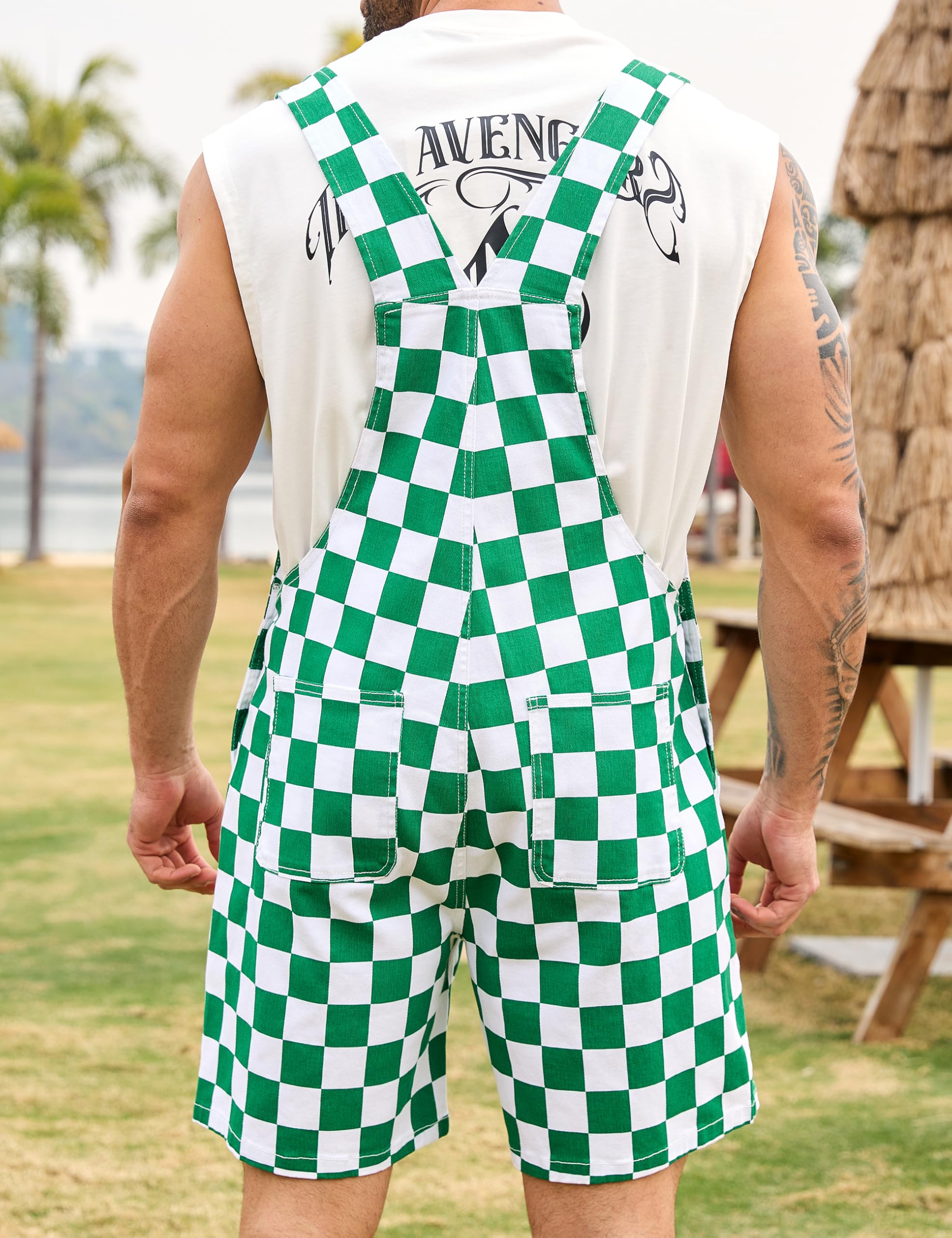 Odefou Checkered Bib Overalls for Men Jumpsuit Shorts Work Coveralls