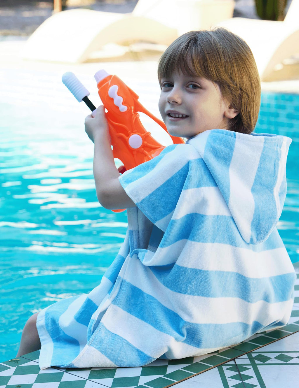 TBEZY Toddler Bath Towel Poncho Thick Cotton Striped Beach Towels for Kids Gifts, Blue, 5-10 Years