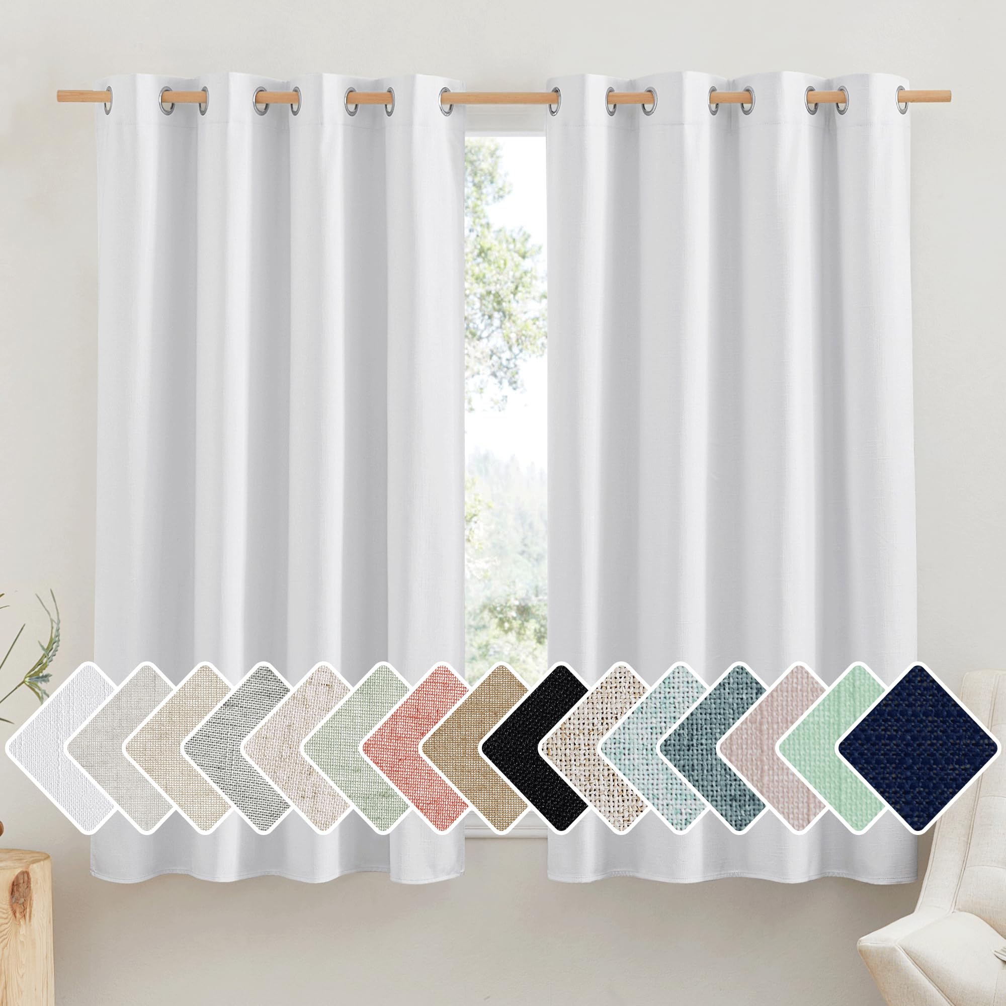 NICETOWN Linen Blackout Curtains for Kitchen, Beige, 2 Panels, 34" Wide x 48" Long, Short Kitchen Burlap Linen 100% Blackout Drape Panels for Night Shift, Great Job for Blocking Light