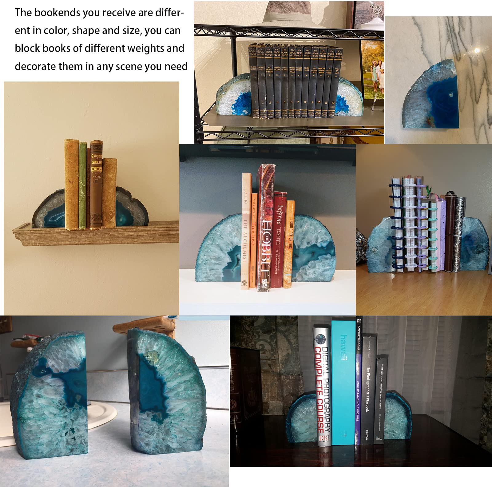 JIC Gem Black Agate Geode Bookends 2-3 Lbs Anti-Slip Rubber Pads Heavy Duty | 1Pair Natural Black Agate Crystal Decor for Shelves & Desk, Unique Small Stone Book Holder Gift for Office & Home Decoration
