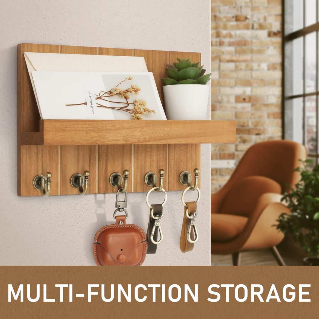 Rebee Vision Acacia Wood Key Holder Wall Mount – Farmhouse Key Holder for Wall & Mail Organizer with Shelf for Home Decor – Ideal for Apartment Essentials (Acacia Wood, 3.54" x 10" x 7.28")