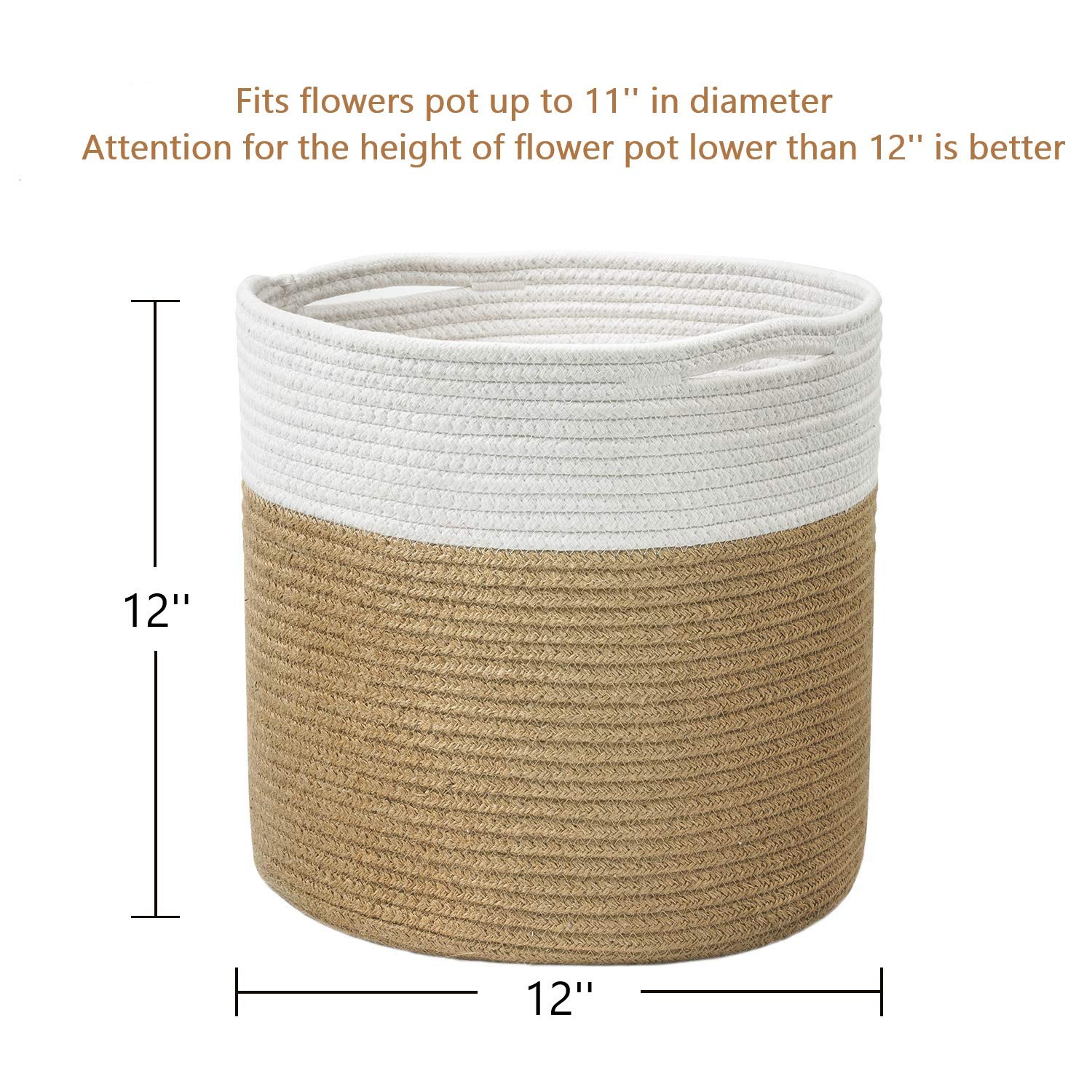 TIMEYARD Sturdy Jute Rope Plant Basket Modern Woven Basket up to 7.5 Inch Flower Pot Floor Indoor Planters, 8” x 8” Storage Organizer Baskets Rustic Home Decor, Black Stripes