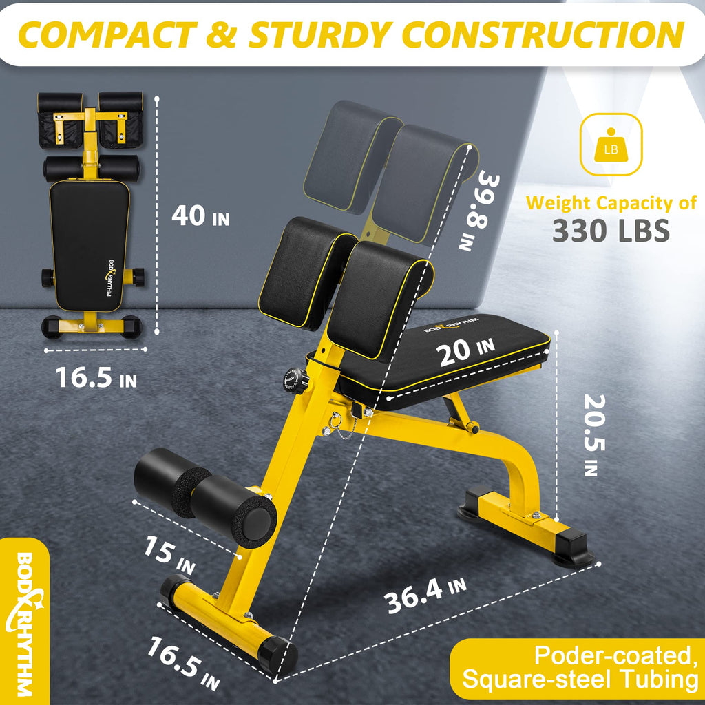 BODYRHYTHM Compact Adjustable Weight Bench for Full Body Strength Training, Ab/Back Hyper Roman Chair, Adjustable Ab Sit up Bench, Incline Decline Bench, Flat Bench, Hyperextension Bench, Back Extension Machine