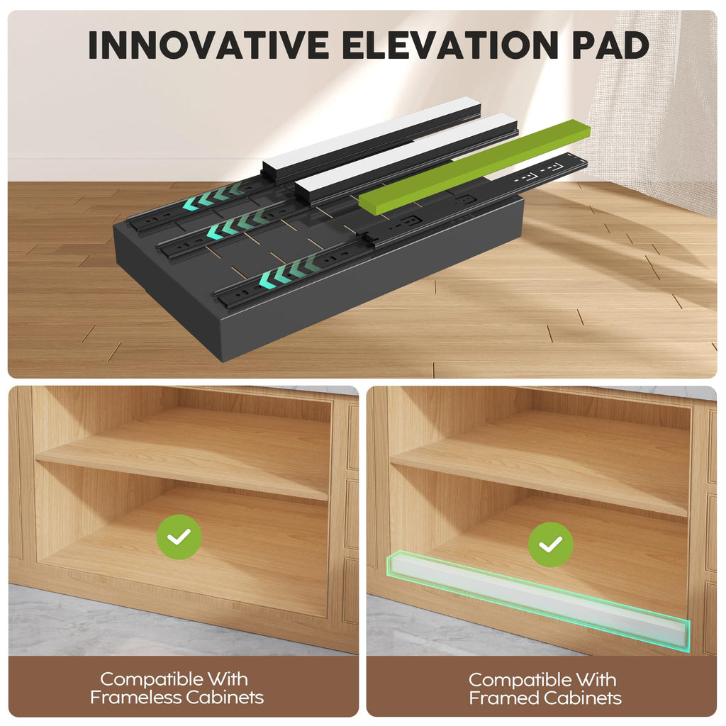 Seinloes 4 Pack Pull Out Cabinet Organizers 21" Deep With Raising Pad for Framed Cabinets, Expandable Width (15.2"-26.3") Slide Out Drawers Upgrade 3 Slide Rails, Roll Out Shelves Adhesive, Black