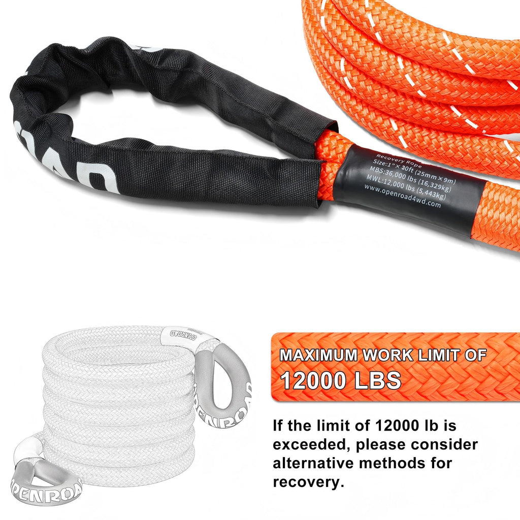 OPENROAD Kinetic Recovery Tow Rope, 4800 LBS (1in x 30ft with Soft Shackle) Extreme Duty 35% Elasticity Energy Offroad Snatch Strap, Vehicle Recovery Kit for Jeep Car Truck ATV UTV SUV