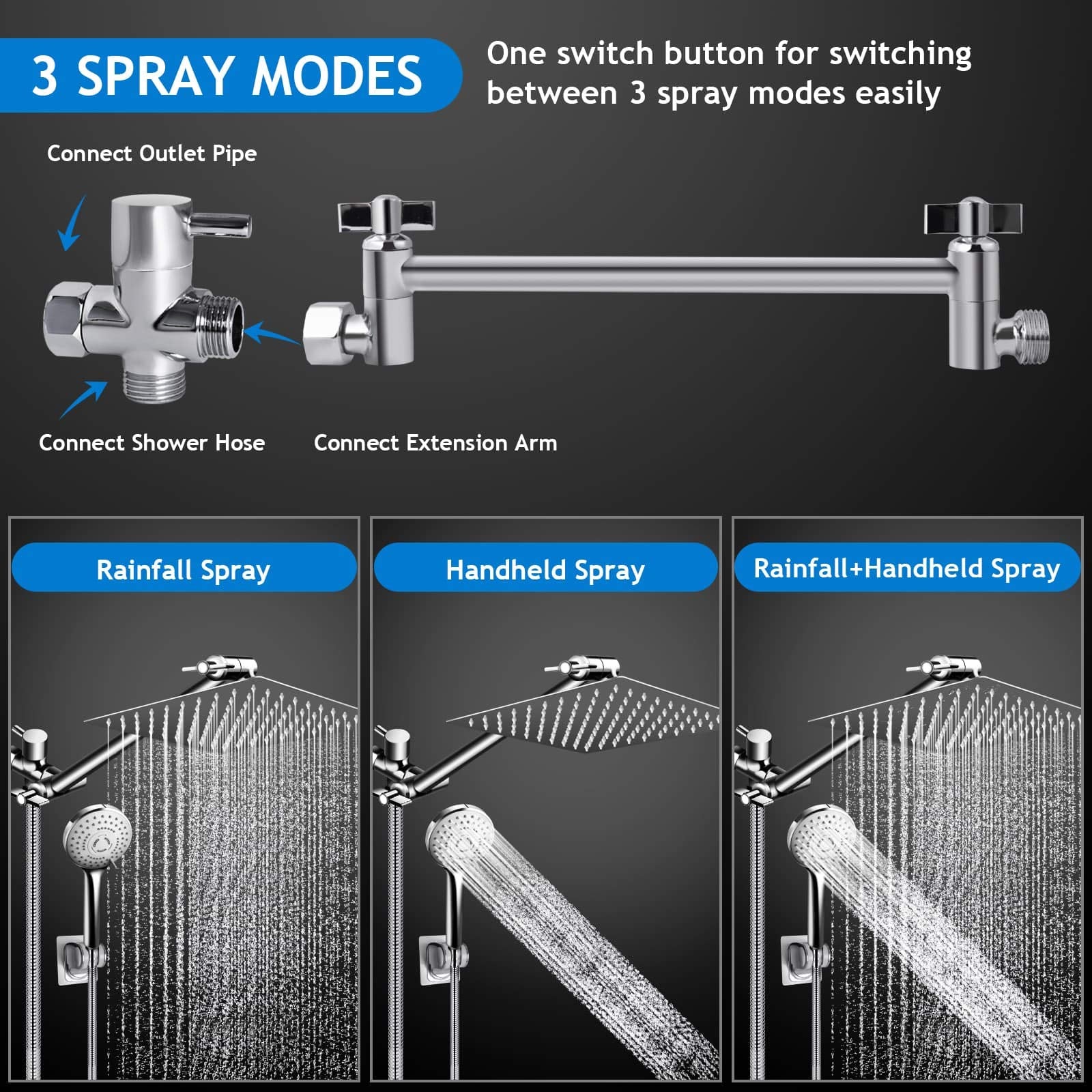 Shower Head Combo(Brushed Nickel),8 Inch High Pressure Rain Shower Head with 11 Inch Adjustable Extension Arm and 5 Settings Handheld Shower Head Combo,Powerful Shower Spray Against Low Pressure Water