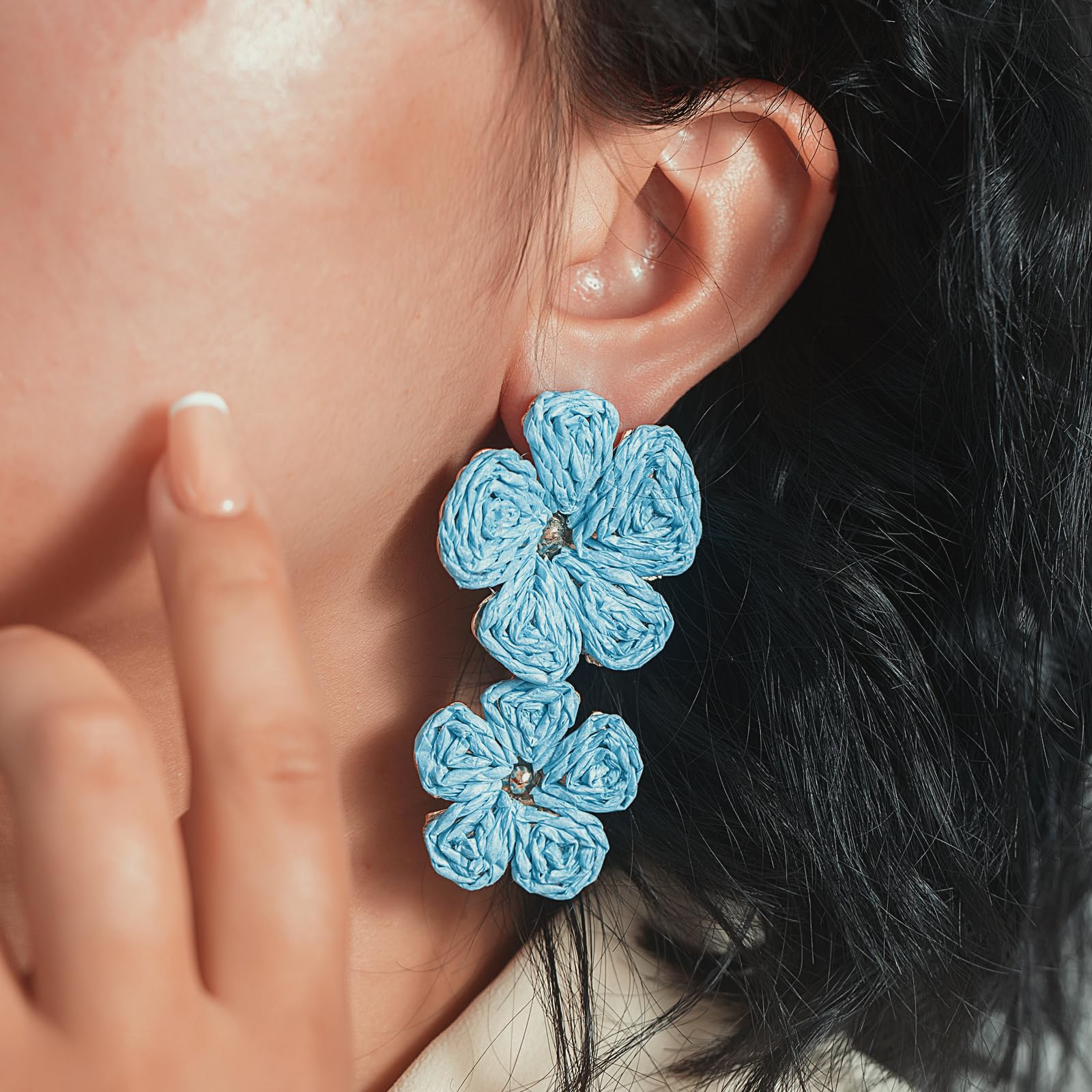Boho Flower Earrings Statement Raffia Dangle Earrings Cute Floral Jewelry Trendy Summer Beach Vacation Outfits for Women