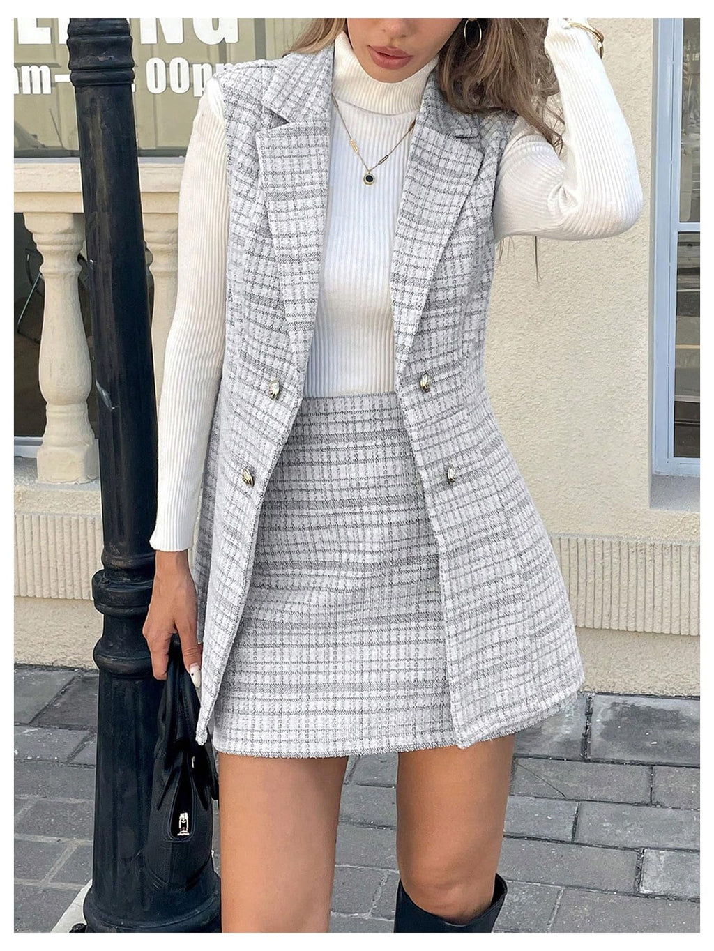 Floerns Women's 2 Piece Outfit Workwear Plaid Print Lapel Neck Vest Blazer and Skirt Set