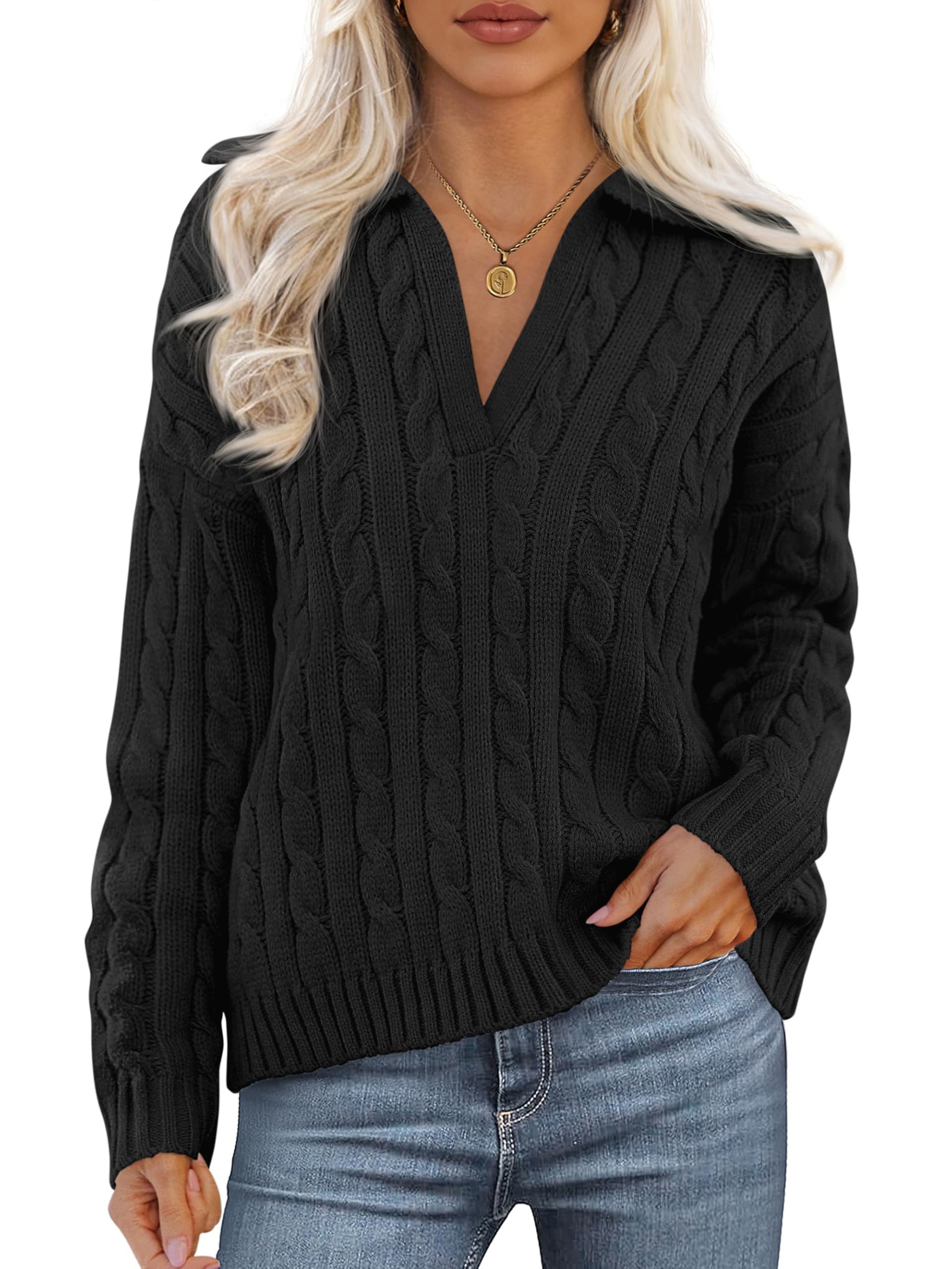 PRETTYGARDEN Spring Cable Knit Oversized Sweaters for Women 2026 Polo V Neck Long Sleeve Casual Chunky Sweater Pullover Tops