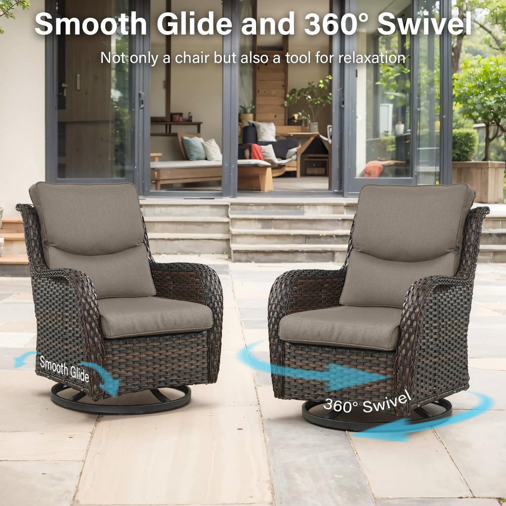 Swivel Patio Chairs Set of 2 with 5" Thick Cushion - Wicker Outdoor Swivel Rocker Patio Chairs, High Back Comfortable Outdoor Glider Chair for Balcony, Porch, Deck, Poolside - Brown/Beige