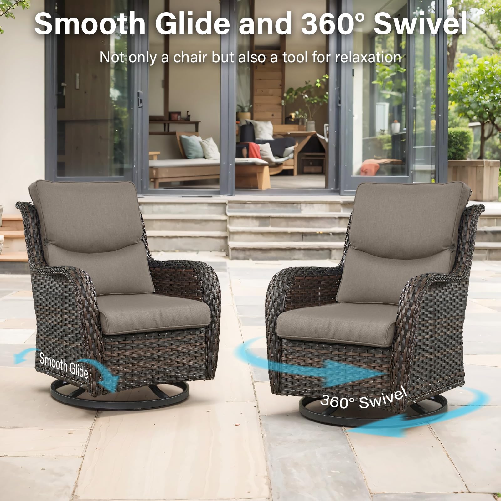 Swivel Patio Chairs Set of 2 with 5" Thick Cushion - Wicker Outdoor Swivel Rocker Patio Chairs, High Back Comfortable Outdoor Glider Chair for Balcony, Porch, Deck, Poolside - Brown/Beige