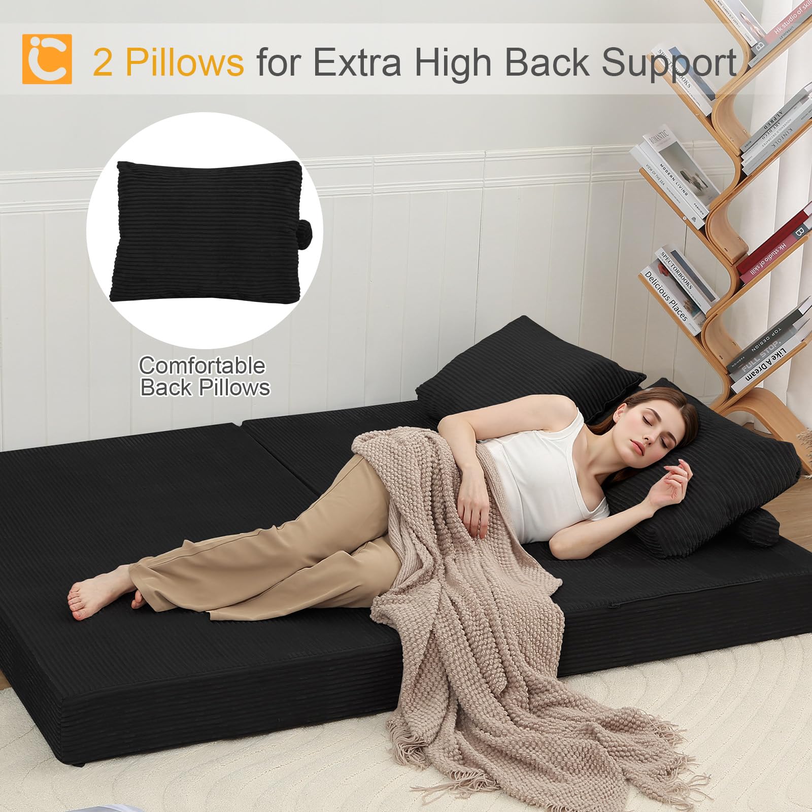 COMAX Futon Sofa Bed, 4‑in‑1 Convertible Sofa Bed, Folding Boneless Couches | Boneless Couch for living room, Fold Out Small Foldable Loveseat Floor Sleeper Mattress Lounge Space‑Saving, Ash Gray