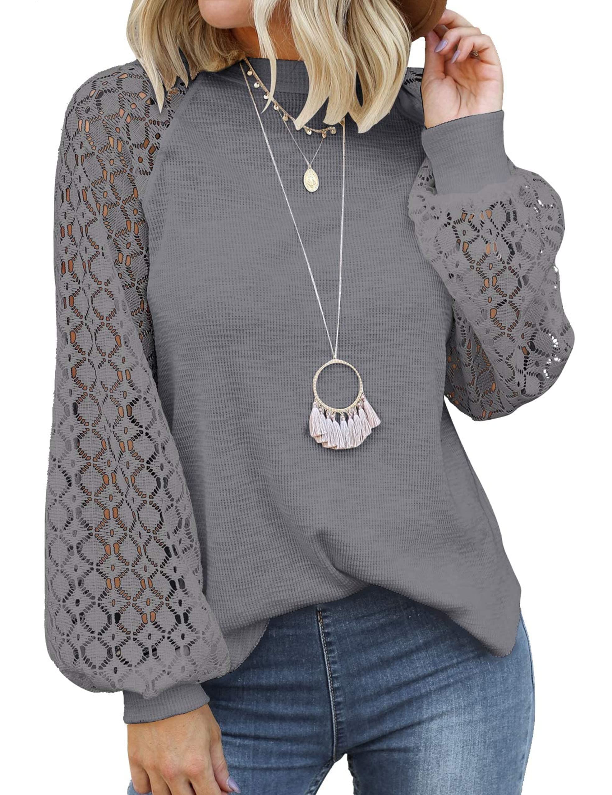 MIHOLL Women's Long Sleeve Tops Lace Casual Loose Blouses Shirts Dressy Outfits