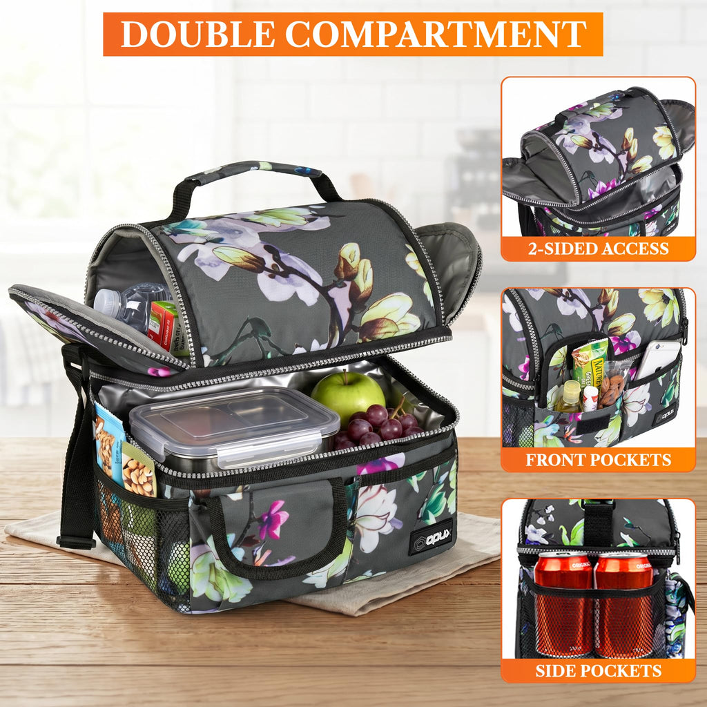 opux Insulated Lunch Bag Women Men, Dual Compartment Leakproof Lunch Box Adults Kids, Double Decker Meal Prep Bento Lunch Cooler Tote with Shoulder Strap for Work Office School Travel, Black