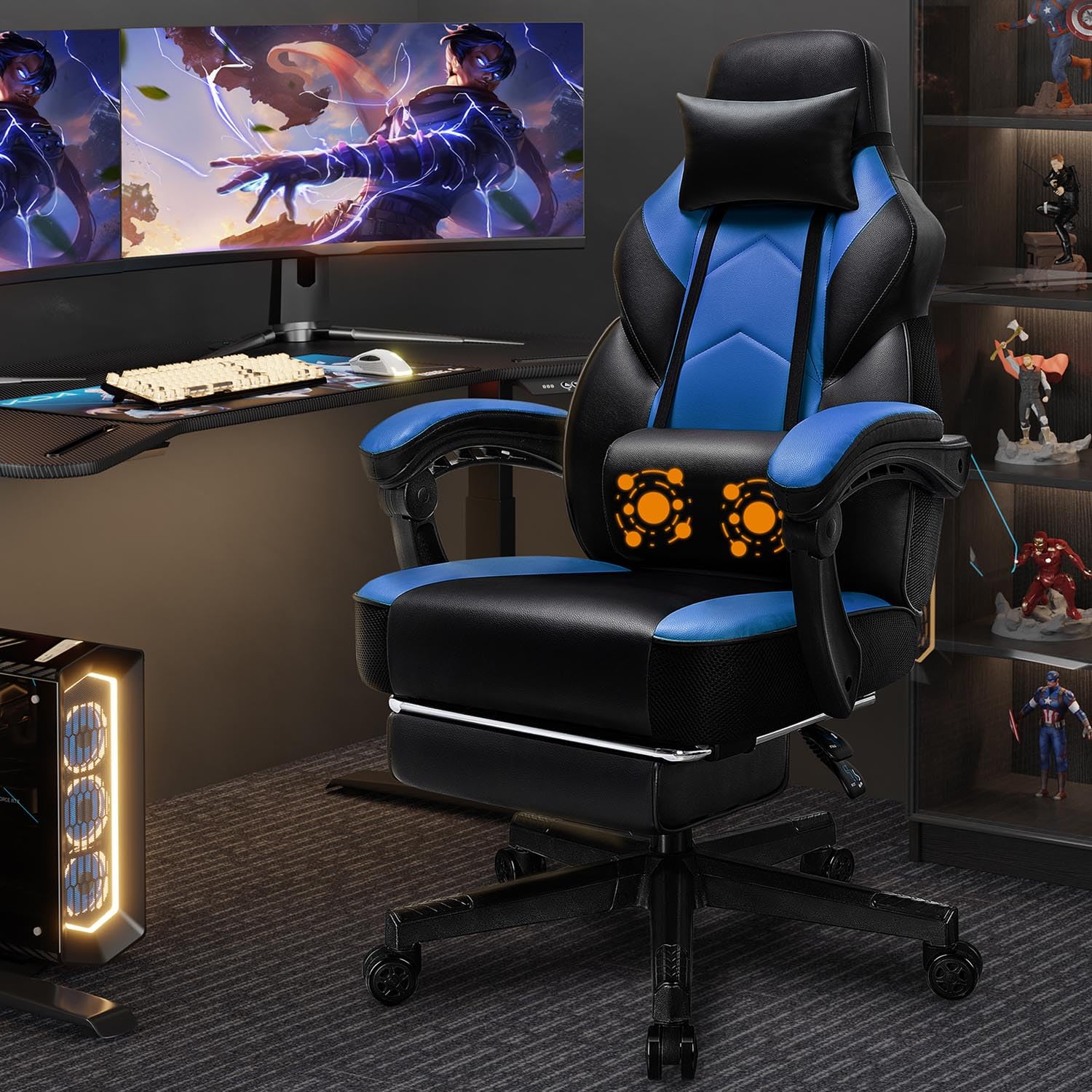 Shintenchi Gaming Chair,Video Game Chair with footrest and Massage Lumbar Support,Height Adjustable Game Chair with 360°Swivel Seat Ergonomic Computer Chair with Headrest for Office or Gaming(Blue)