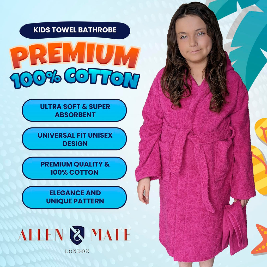 ALLEN & MATE 100% COTTON Hooded Kids Bathrobe – Soft, Medium Weight Absorbent Bath Towel Robe for Boys & Girls, 6-15 Years