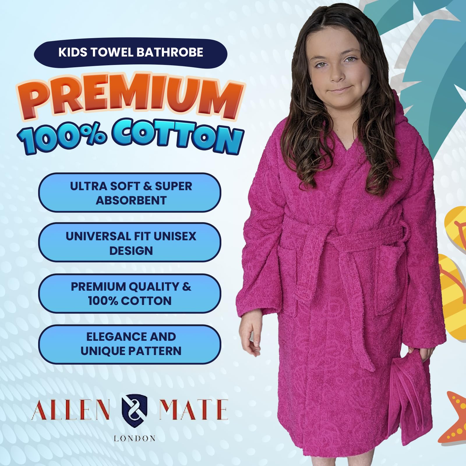 ALLEN & MATE 100% COTTON Hooded Kids Bathrobe – Soft, Medium Weight Absorbent Bath Towel Robe for Boys & Girls, 6-15 Years