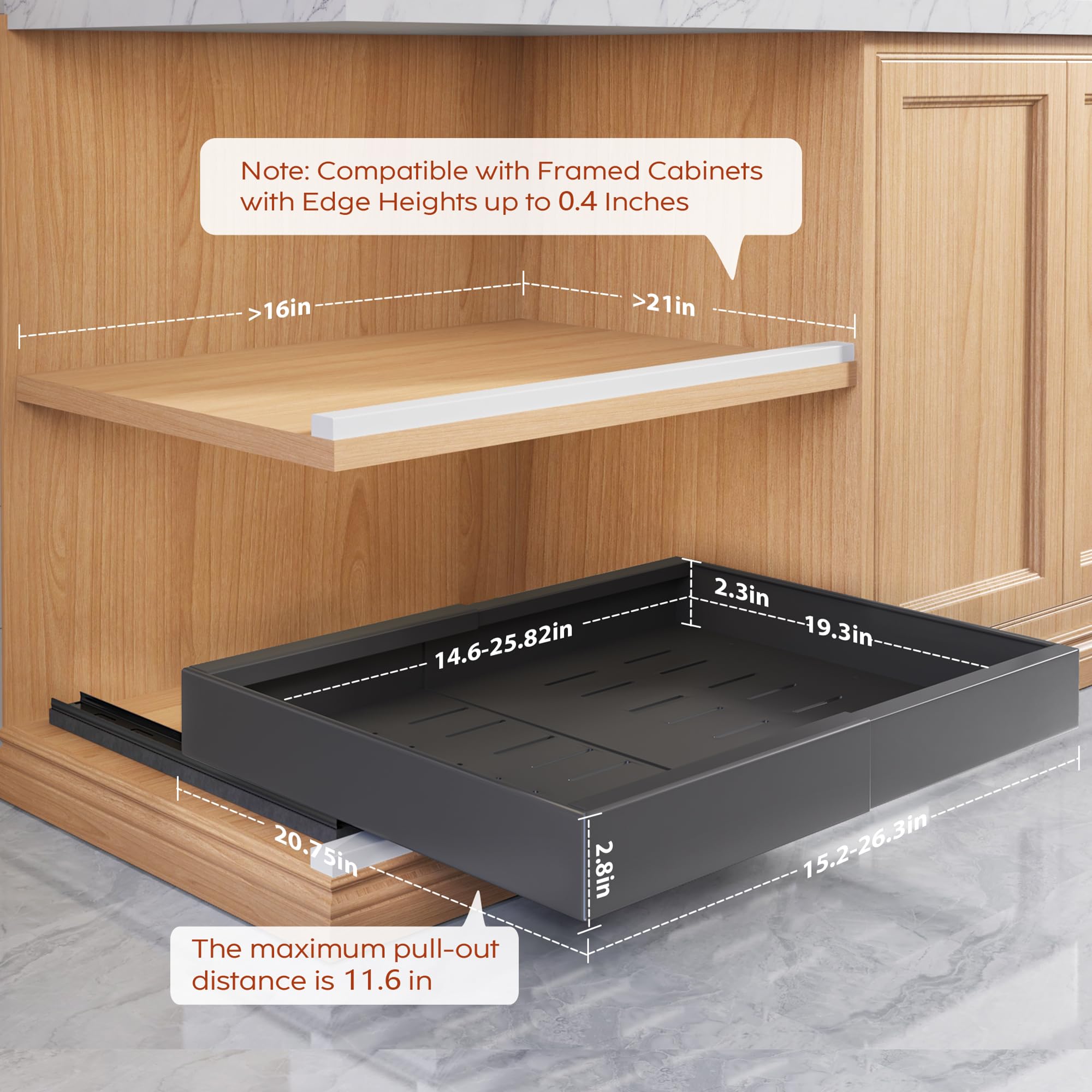 Seinloes 4 Pack Pull Out Cabinet Organizers 21" Deep With Raising Pad for Framed Cabinets, Expandable Width (15.2"-26.3") Slide Out Drawers Upgrade 3 Slide Rails, Roll Out Shelves Adhesive, Black