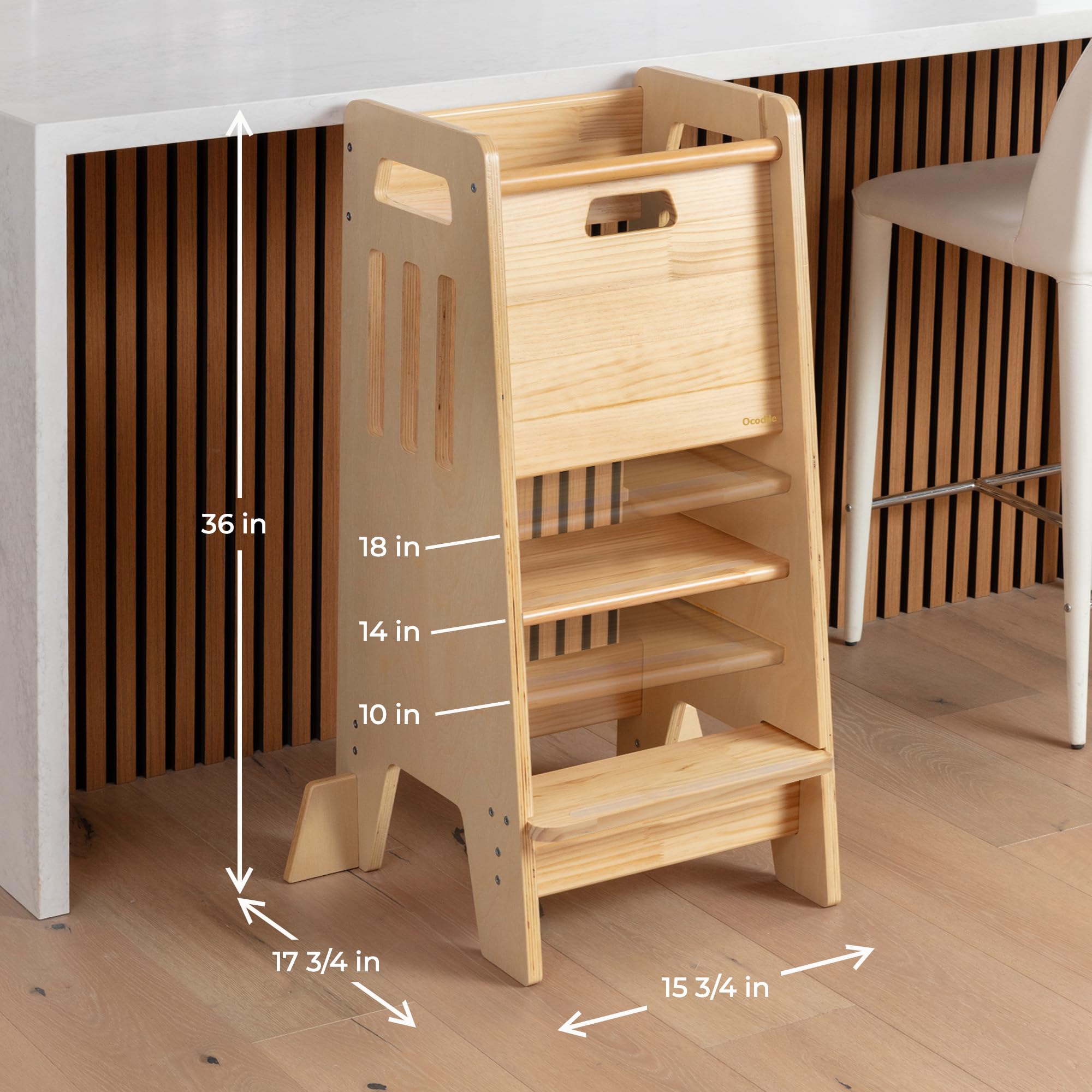OCODILE Toddler Tower with a Sliding Door and 3 Adjustable Heights - Safe Toddler Kitchen Step Helper with Support Feet - Updated Design for 18+ Months to 6-Year-Old Kids - Gray