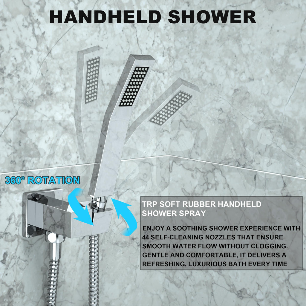 Brushed Gold Shower System with 10-Inch Rain Showerhead and Tub Spout | cUPC-certified pressure balance brass valve to prevent scalding, CEC-certified air injection technology for low pressure