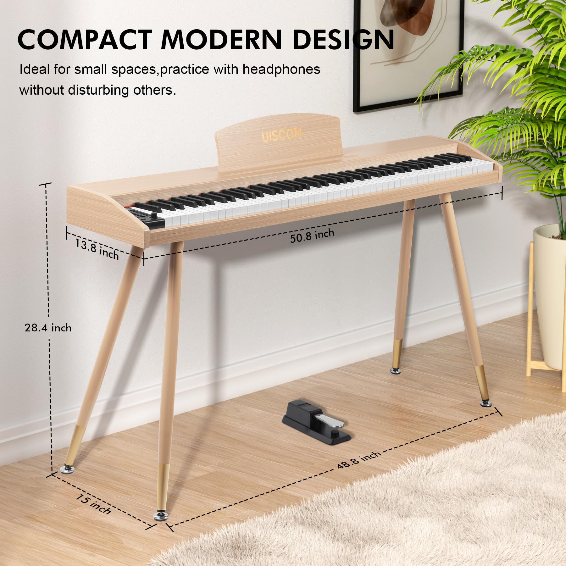 UISCOM Digital Piano Keyboard for Beginners, Full Size 88 Key Semi-Weighted Keyboard Electric Piano with Stand,Power Adapter,Sheet Music Stand,Pedal,Headphone,USB-MIDI Compatible,Wood Grain Apricot