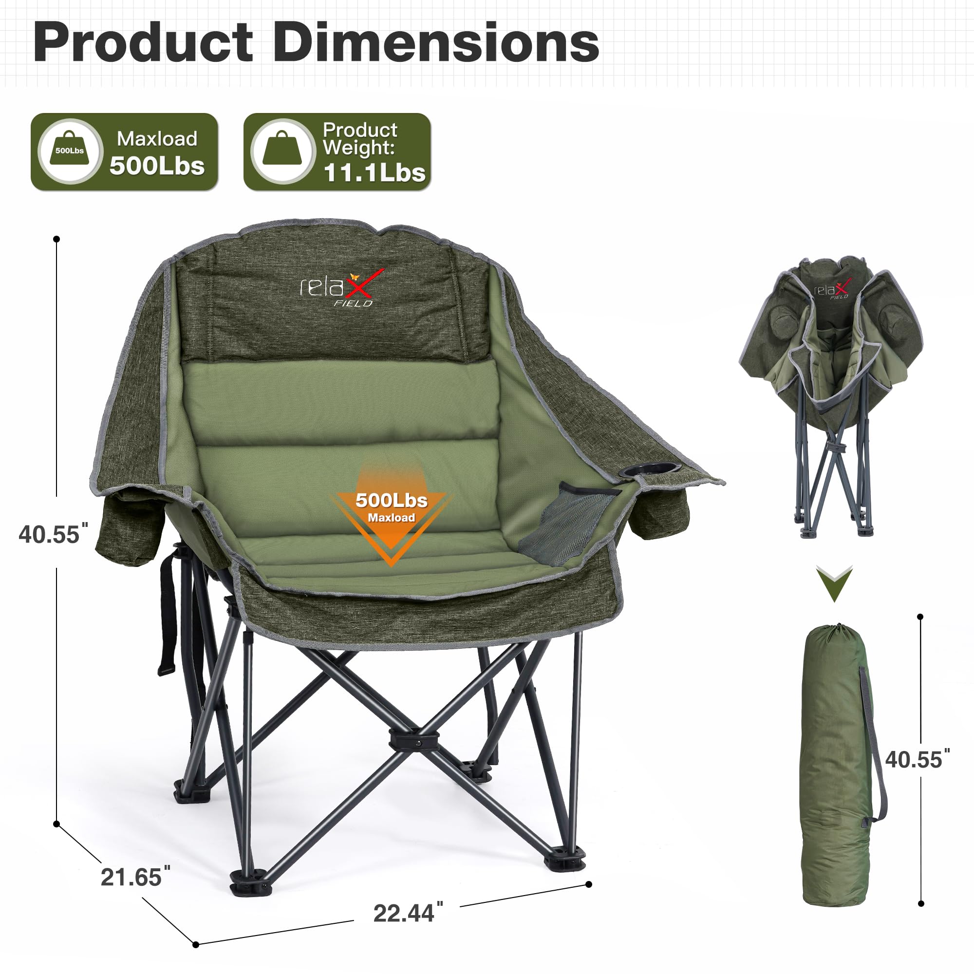 Double Camping Chair Heavy Duty Oversized Padded Loveseat for Adults 2 Person Outdoor Portable Camping Chairs for Lawn, Backyard, Fishing, Trip, Support 600lbs, Grey