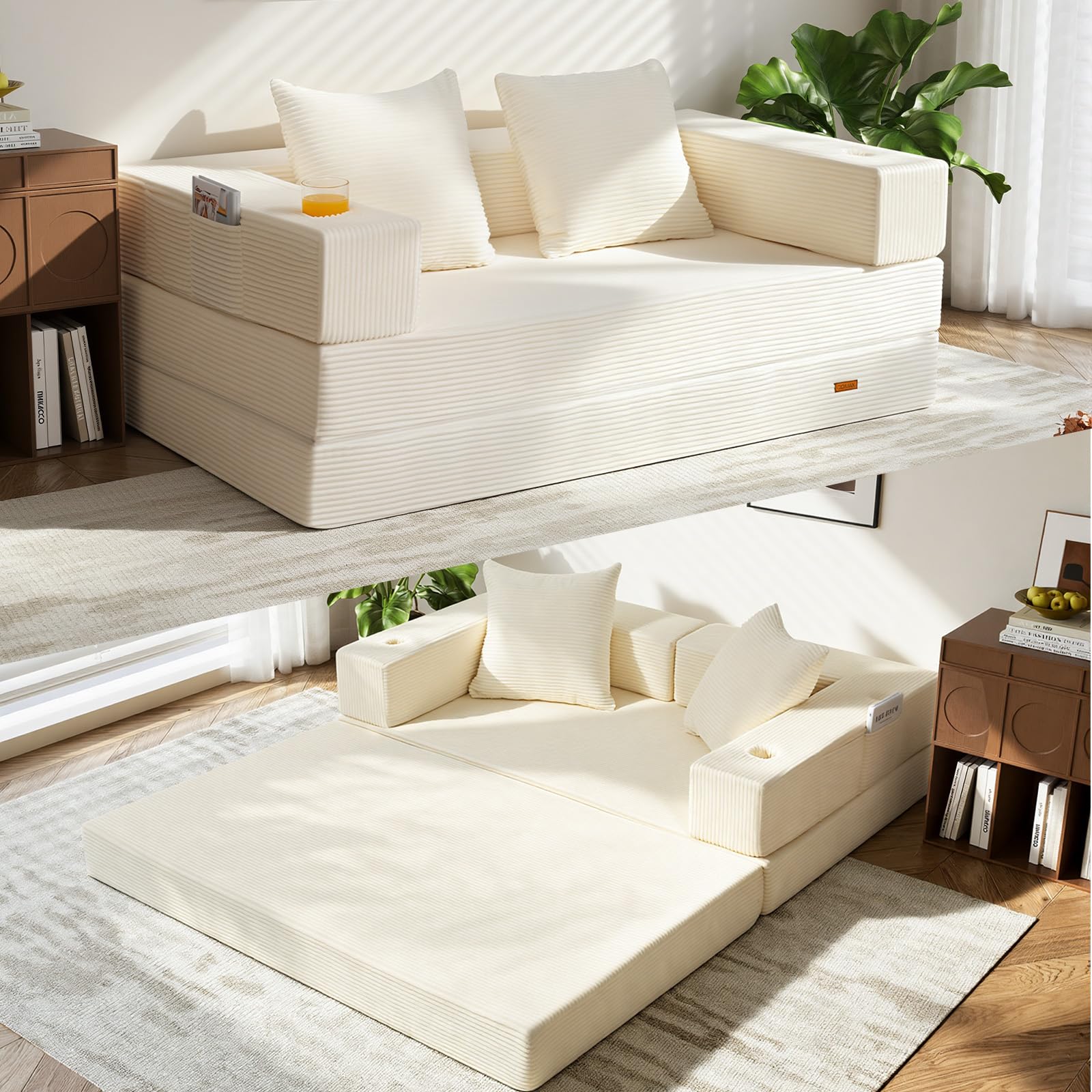 COMAX Futon Sofa Bed, 4‑in‑1 Convertible Sofa Bed, Folding Boneless Couches | Boneless Couch for living room, Fold Out Small Foldable Loveseat Floor Sleeper Mattress Lounge Space‑Saving, Ash Gray