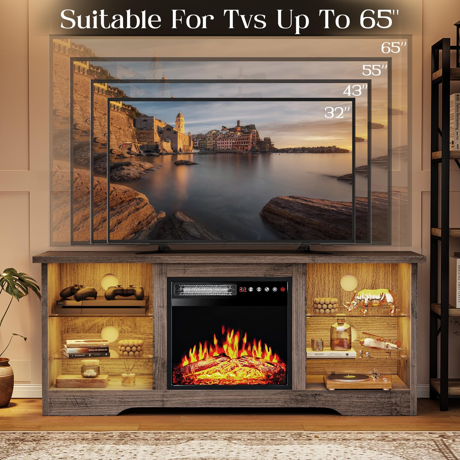 VITESSE 58 Inches Fireplace TV Stand for TVs up to 65 Inches Console with 18'' Electric Fireplace & Remote,Wooden Modern Entertainment Center for Living Room with LED Light Glass Shelves（Bei）