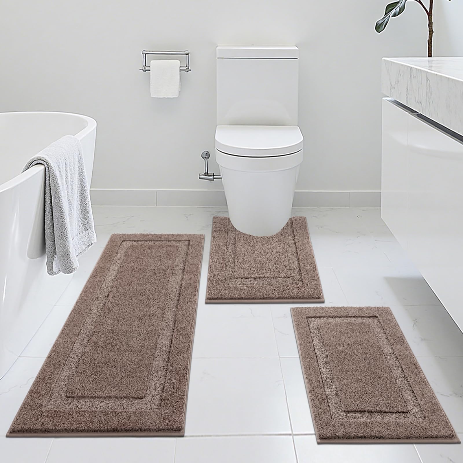 SHACOS Black Bathroom Rugs Sets 3 Piece, 16"x24" + 20"x32" Non Slip Bath Mat and 20"x24" Toilet Rugs U Shaped Washable, Soft Fluffy Water Absorbent Bath Rugs for Bathroom