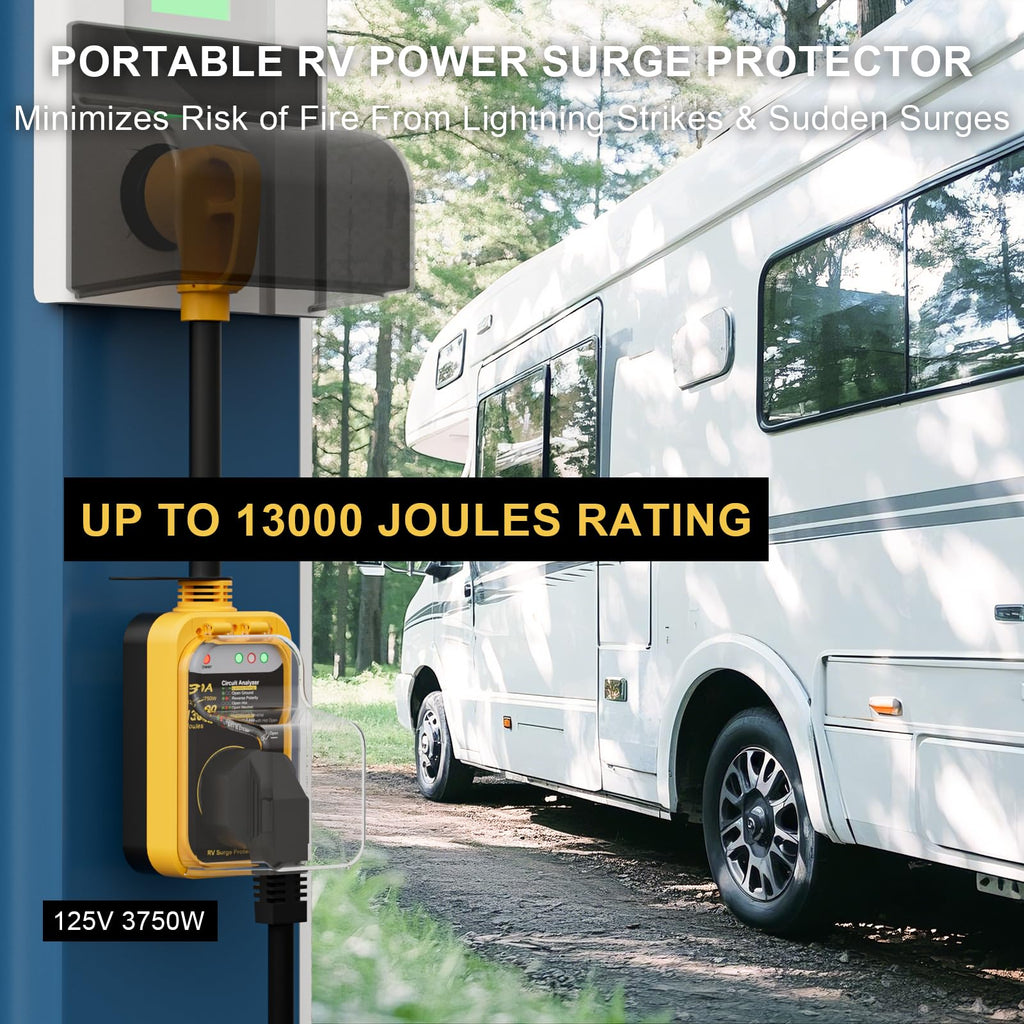 RV Surge Protector 30 Amp, 10000 Joules RV Circuit Analyzer with Waterproof Cover,RV Adapter Plug for Camper Travel Trailers (30 AMP)