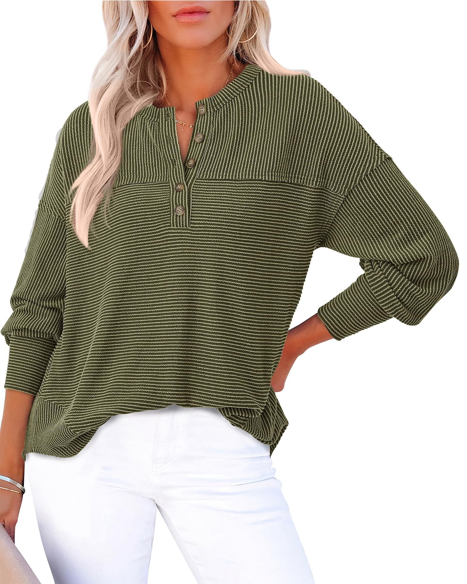 KIRUNDO Going Out Tops for Women Henley Shirts 2025 Casual Ribbed Knit Long Sleeve Tunic Summer Fall Button V Neck Blouse