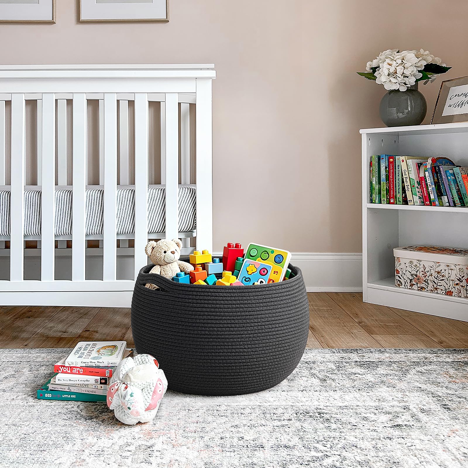 Goodpick Small Rope Storage Basket, Black Round Baskets for Socks, Dog Toys, Towels, Cute Baby Basket for Living Room, Bedroom, Nursery, Towel Baskets for Bathroom, 10 x 8.3 inches