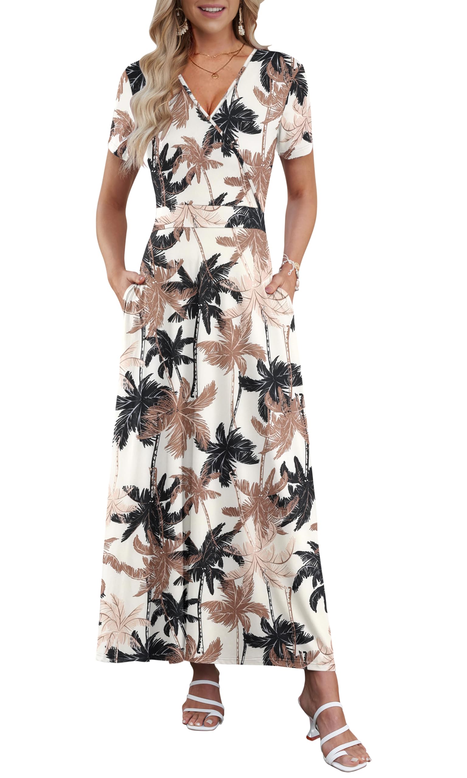 AUSELILY Maxi Dresses for Women Ankle Length Floral Print Beach Long Flowy Dress with Pockets